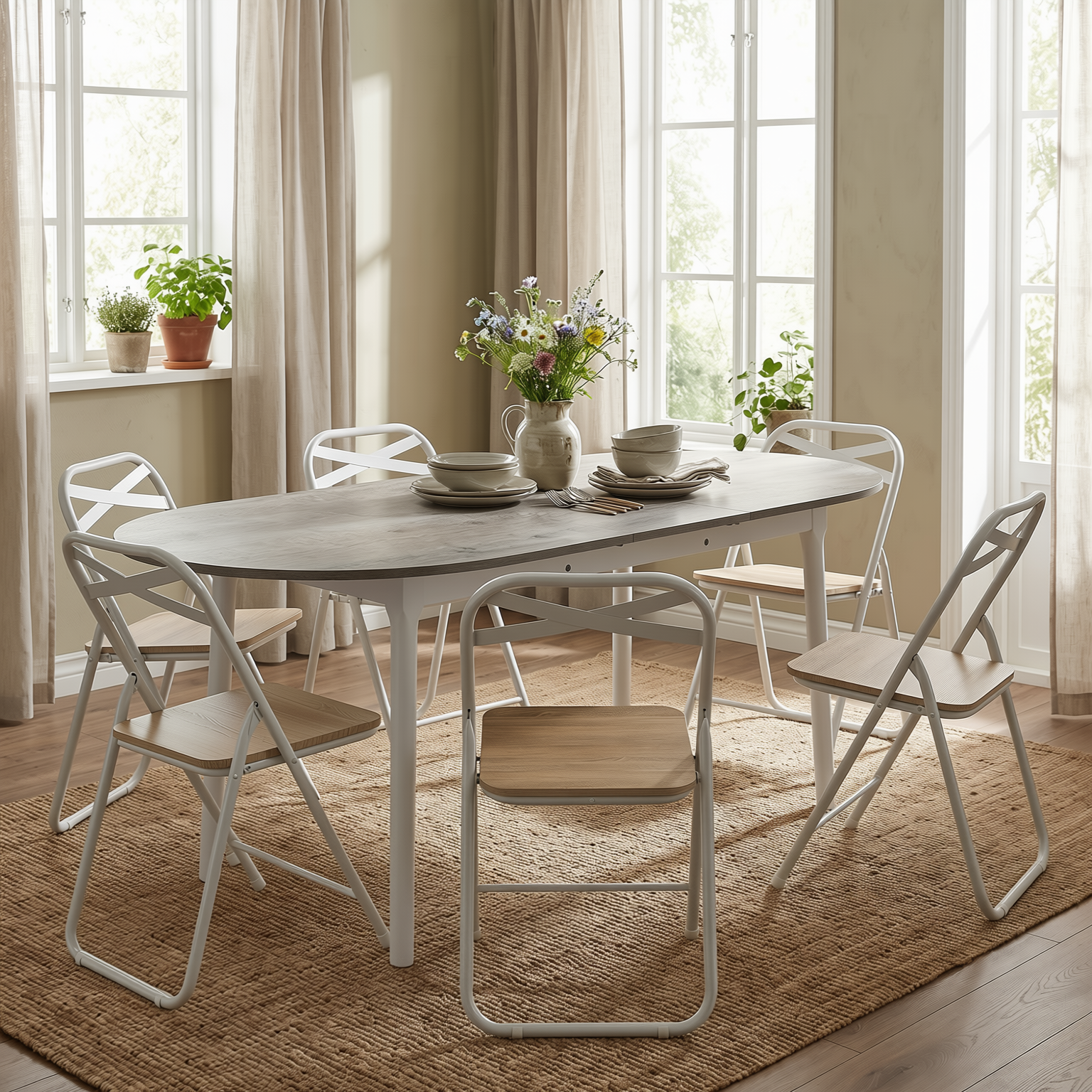 Homy Casa STOGER+FERN 7-Piece Dining Set 61-75" Extendable Dining Table and 6 Fern White Beech Chairs