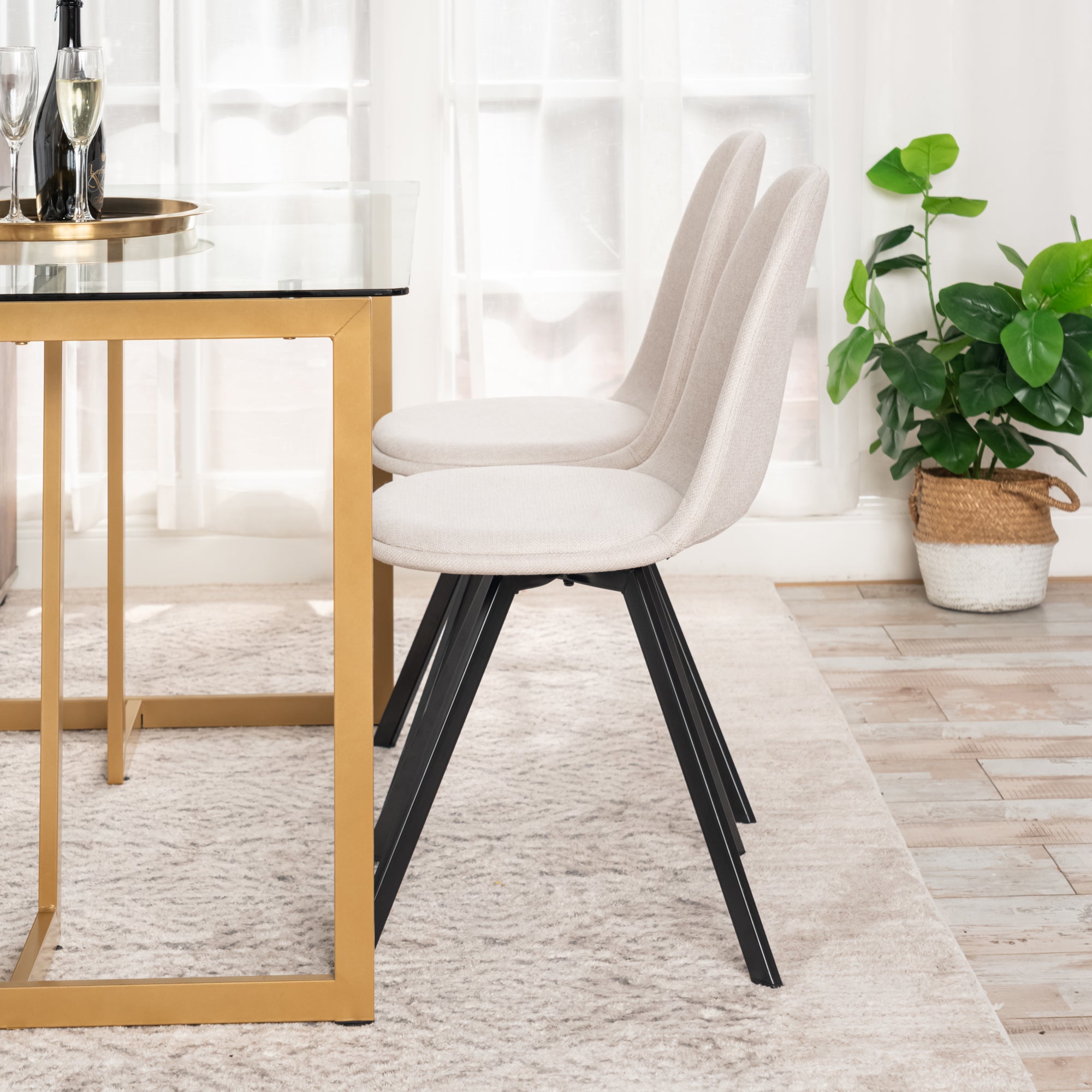 Homy Casa Slip 5PC Gold Glass Dining Set 47" Clear Tempered Glass Table with 4 Sunflower Swivel Chairs Beige Open Box