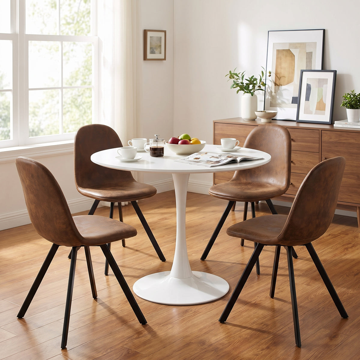 Homy Casa CLIFT + SUNFLOWER Brown 5PC 31.5" White Dining Set with 4 Suede Brown Swivel Chairs, Open Box