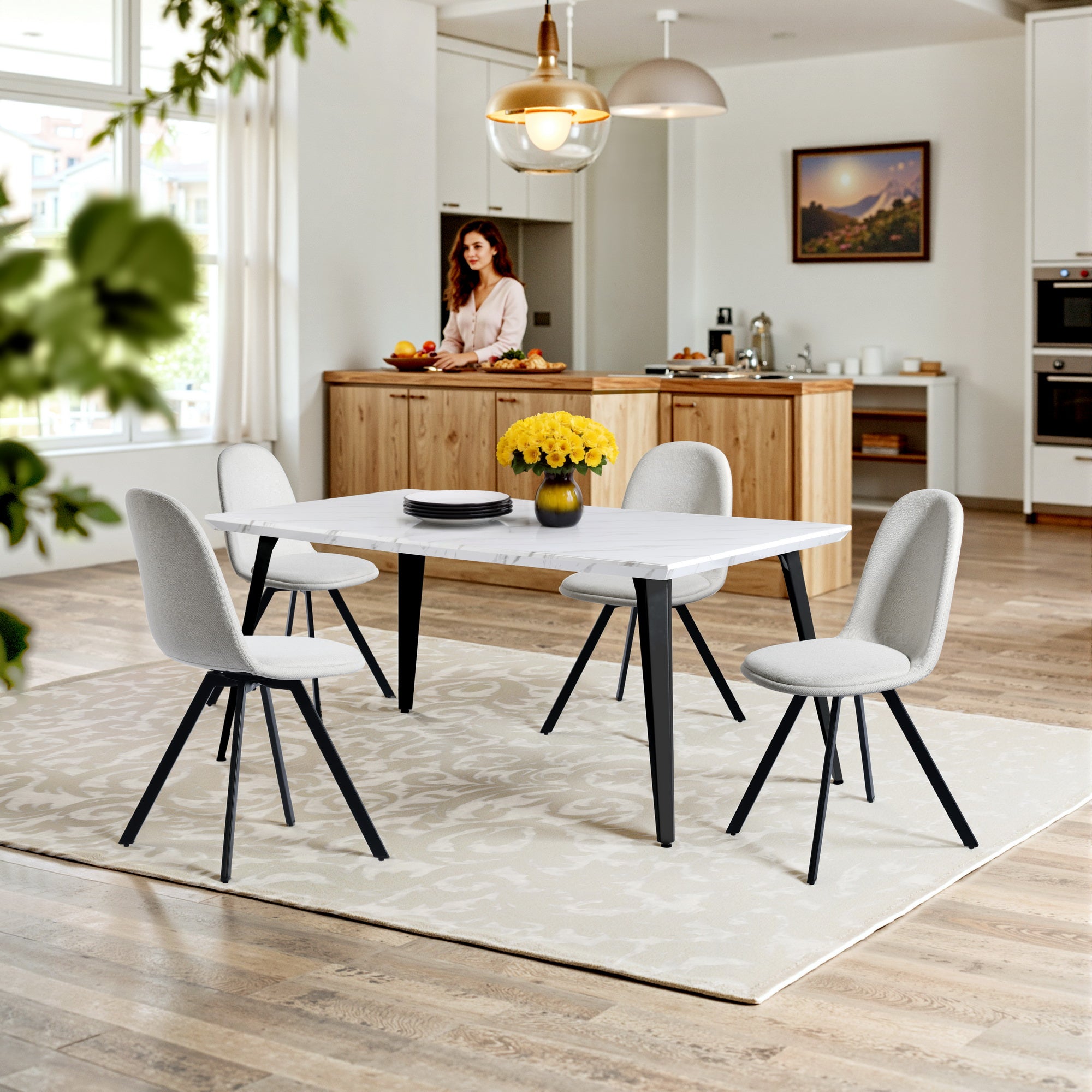 Homy Casa STAN 5PC Dining Set 63” Marble White Table with 4 Sunflower Swivel Lumos Beige Chairs Open Box