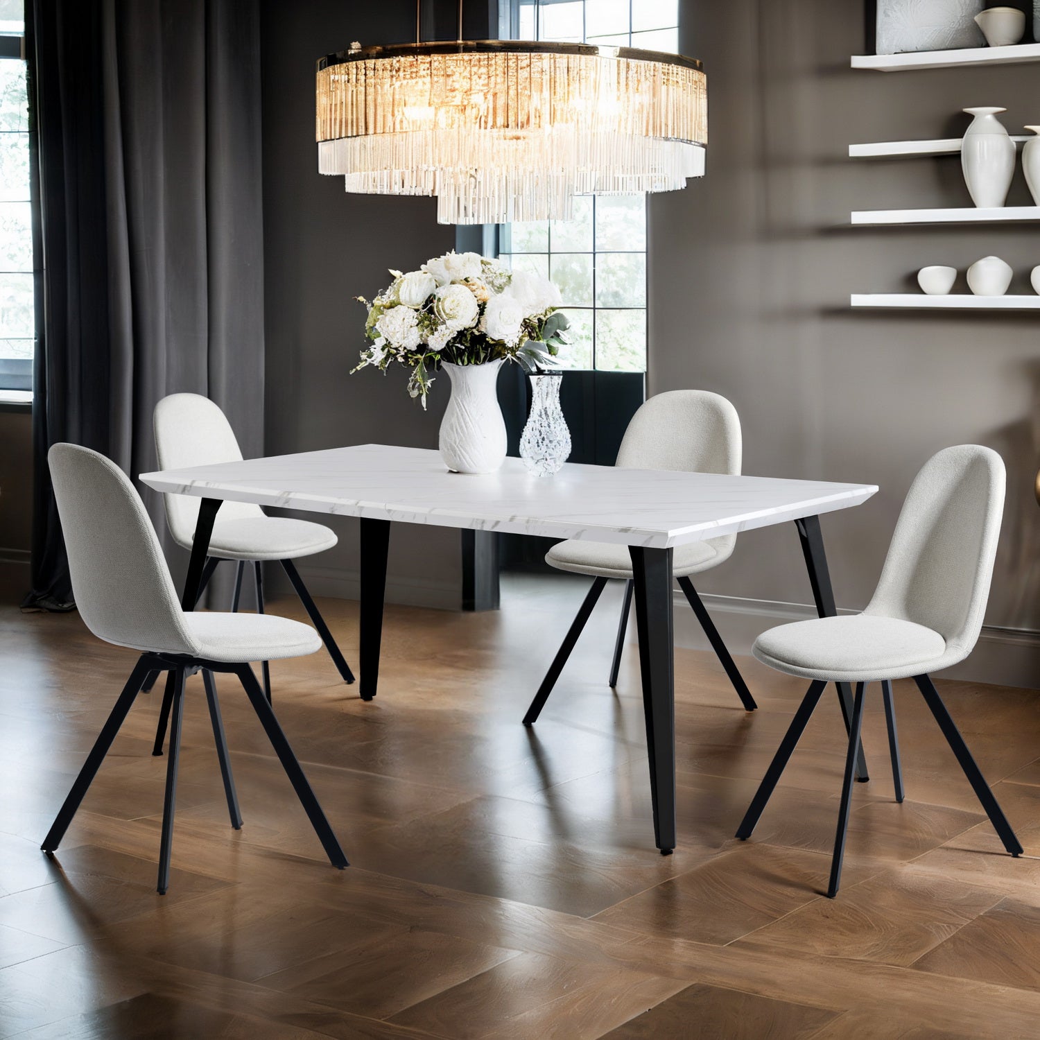 Homy Casa STAN 5PC Dining Set 63” Marble White Table with 4 Sunflower Swivel Lumos Beige Chairs Open Box