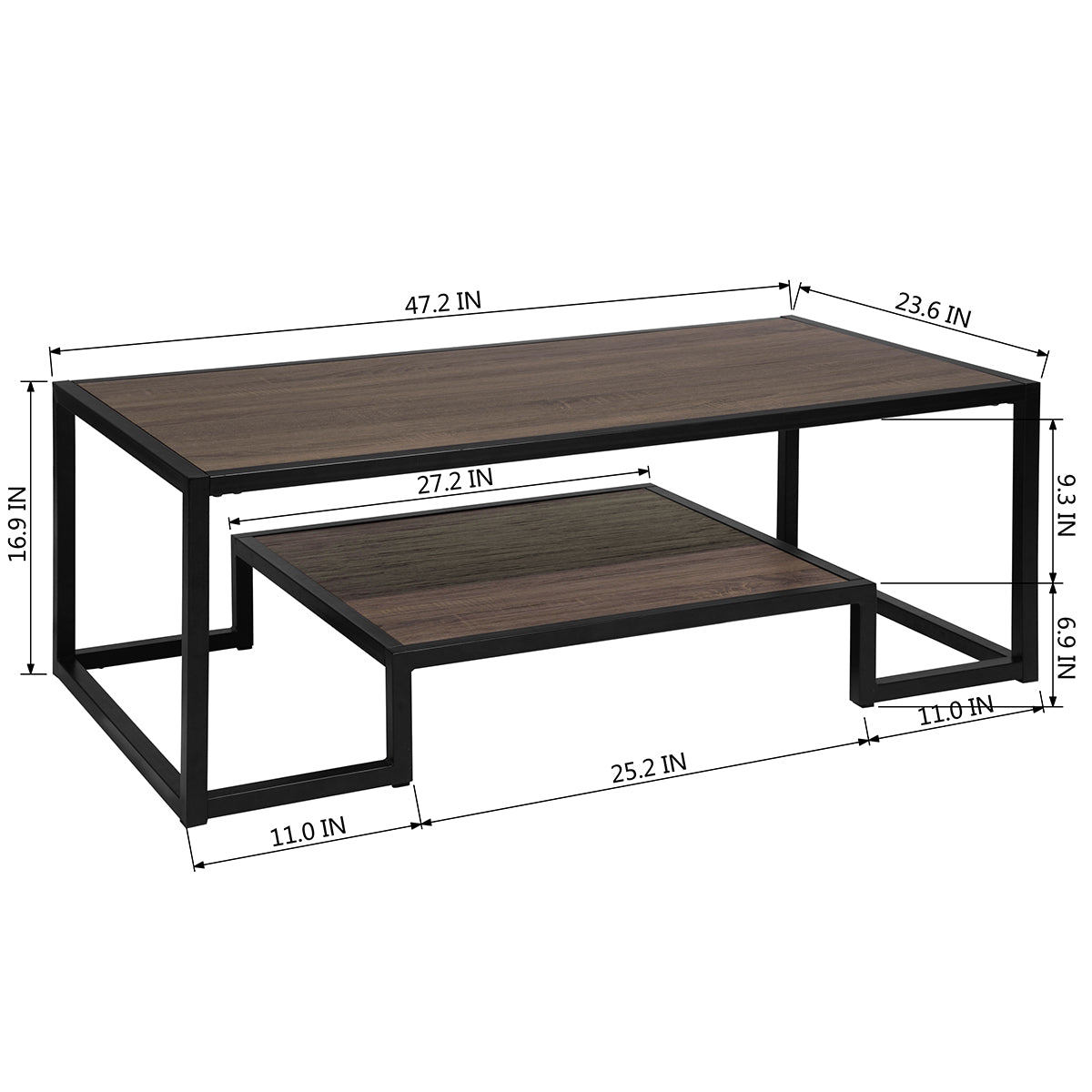 Suri Rectangular Industrial 47.2" Coffee Table Wood Top Black Metal Frame Modern Living Room