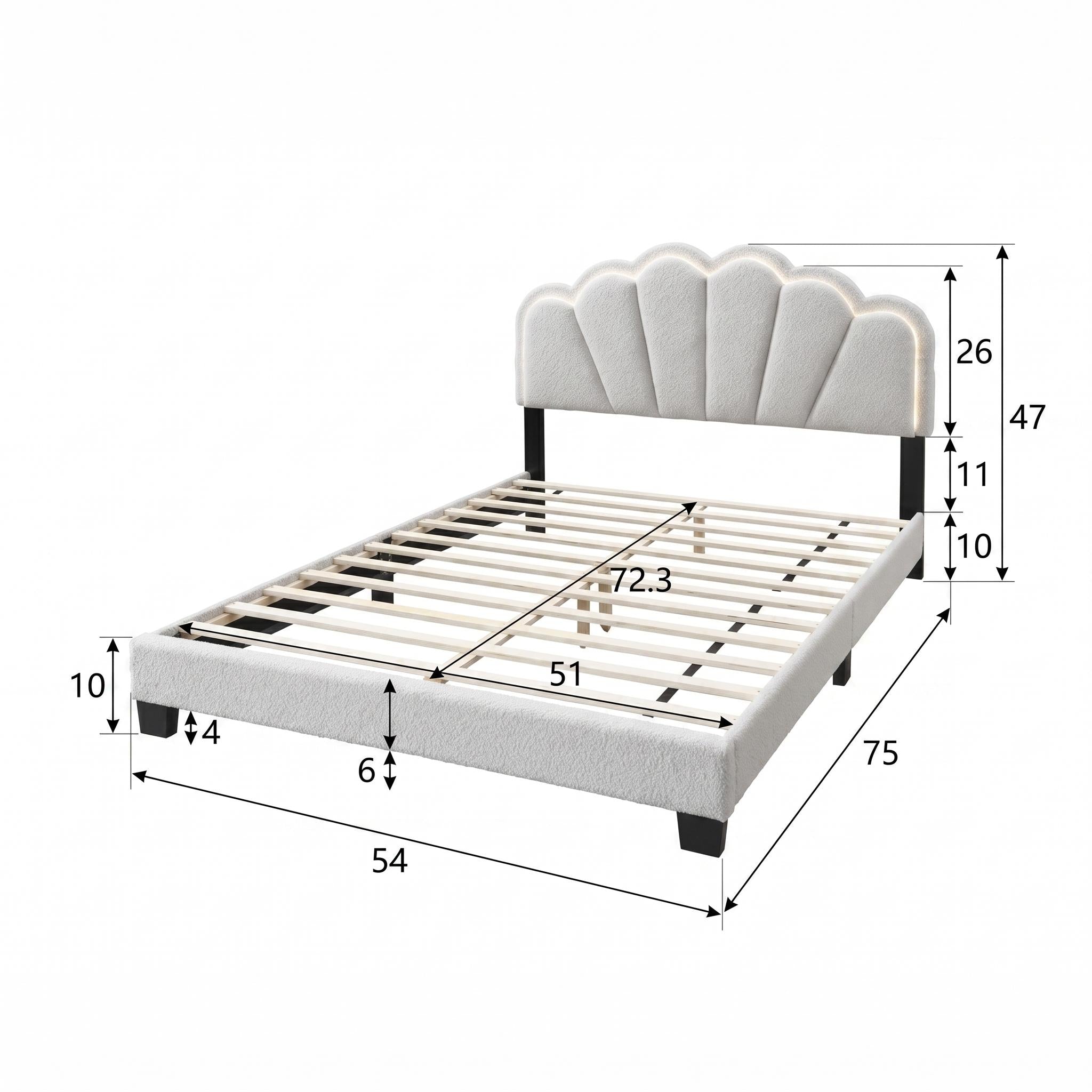 Selma Full Boucle Upholstered Platform Bed with LED Scalloped Headboard