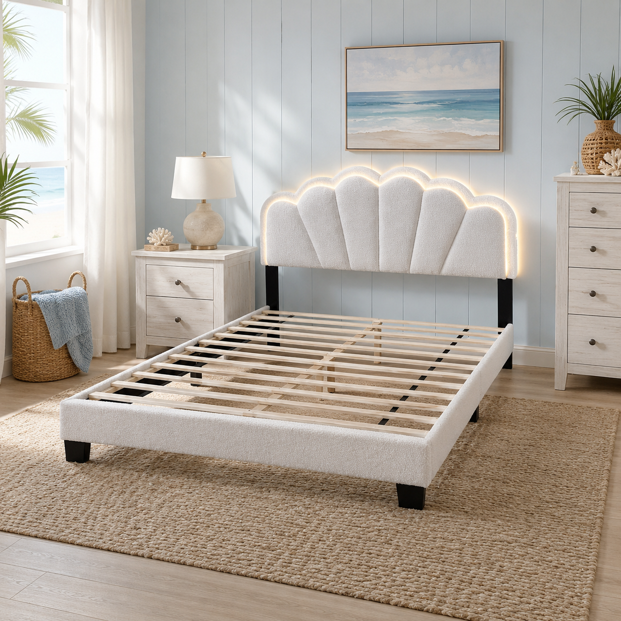 Selma Full Boucle Upholstered Platform Bed with LED Scalloped Headboard