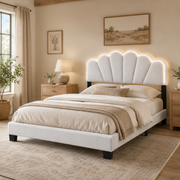 Selma Full Boucle Upholstered Platform Bed with LED Scalloped Headboard