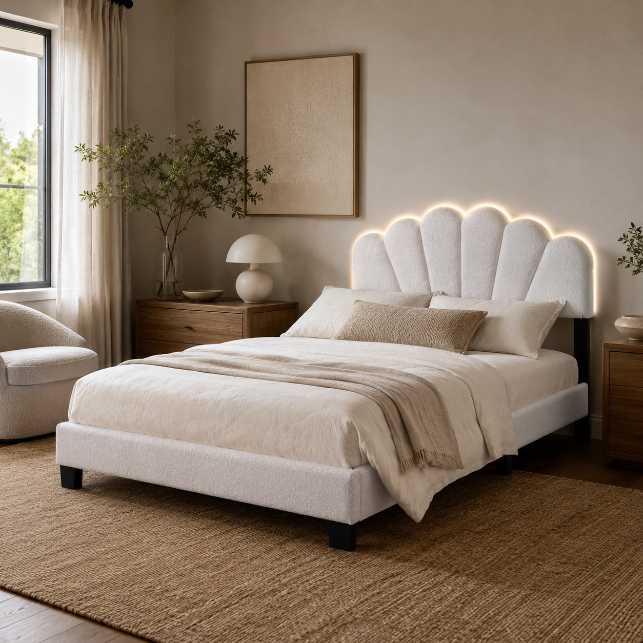 Selma Full Boucle Upholstered Platform Bed with LED Scalloped Headboard