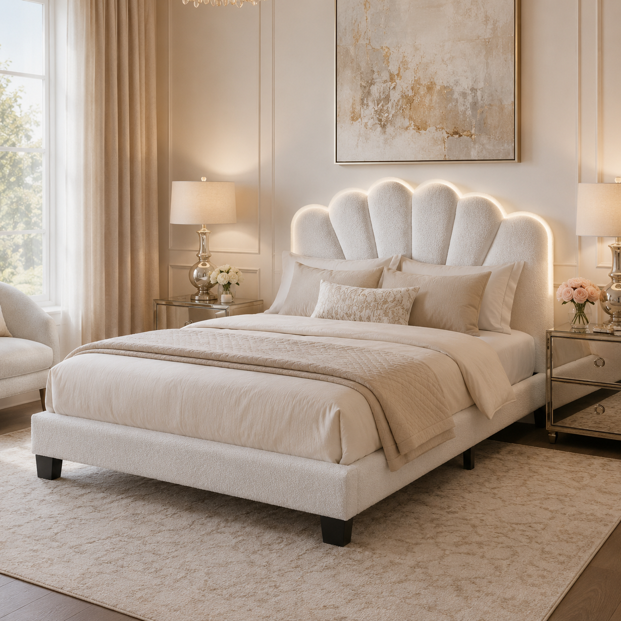 Selma Full Boucle Upholstered Platform Bed with LED Scalloped Headboard