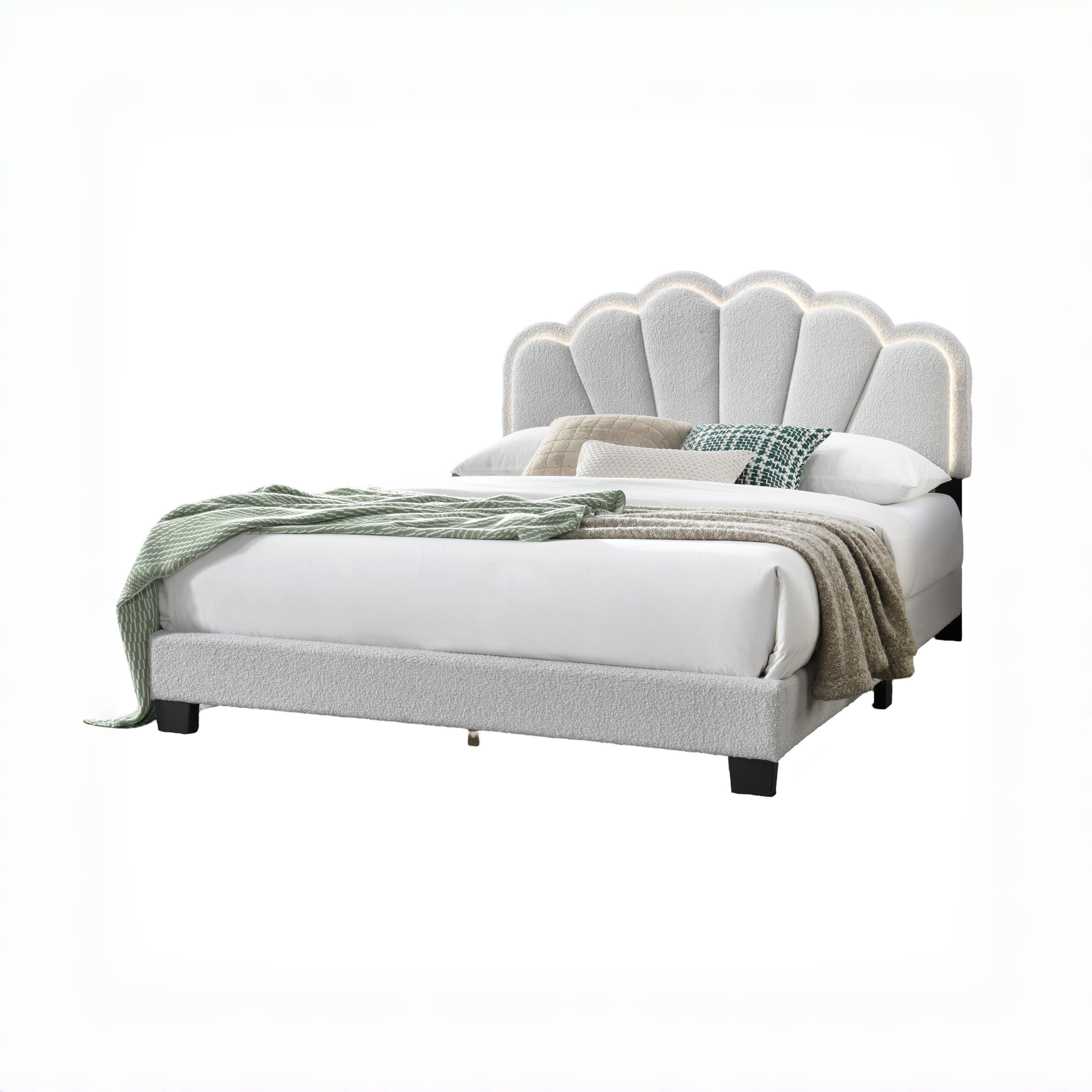 Selma Full Boucle Upholstered Platform Bed with LED Scalloped Headboard