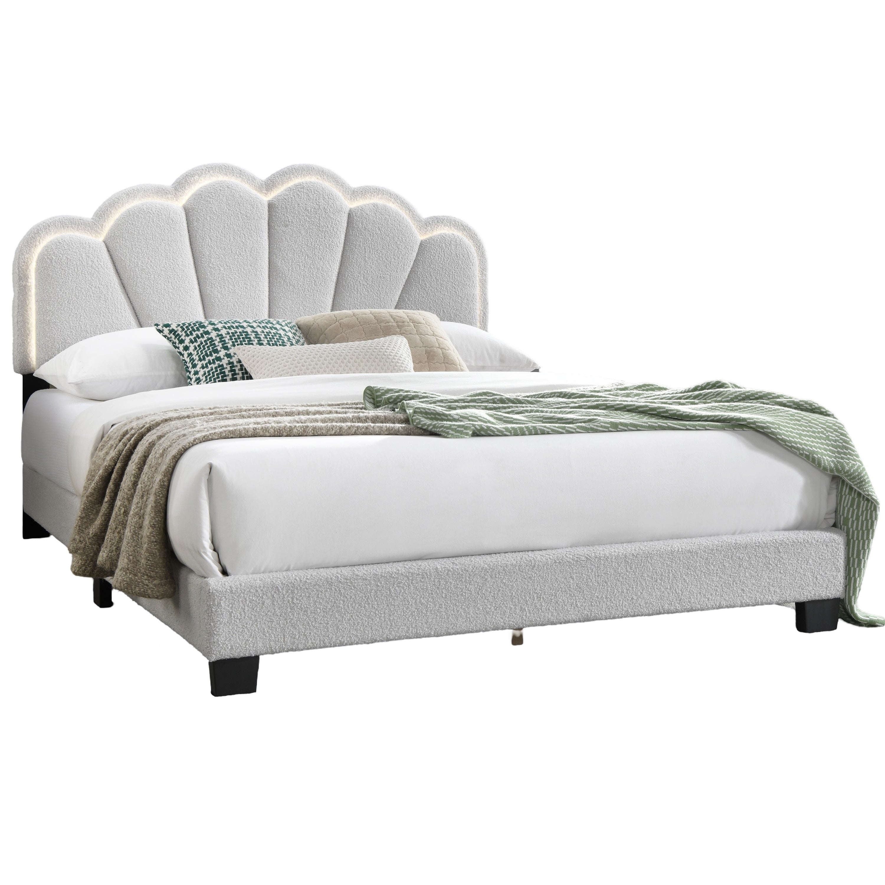 Selma Full Boucle Upholstered Platform Bed with LED Scalloped Headboard