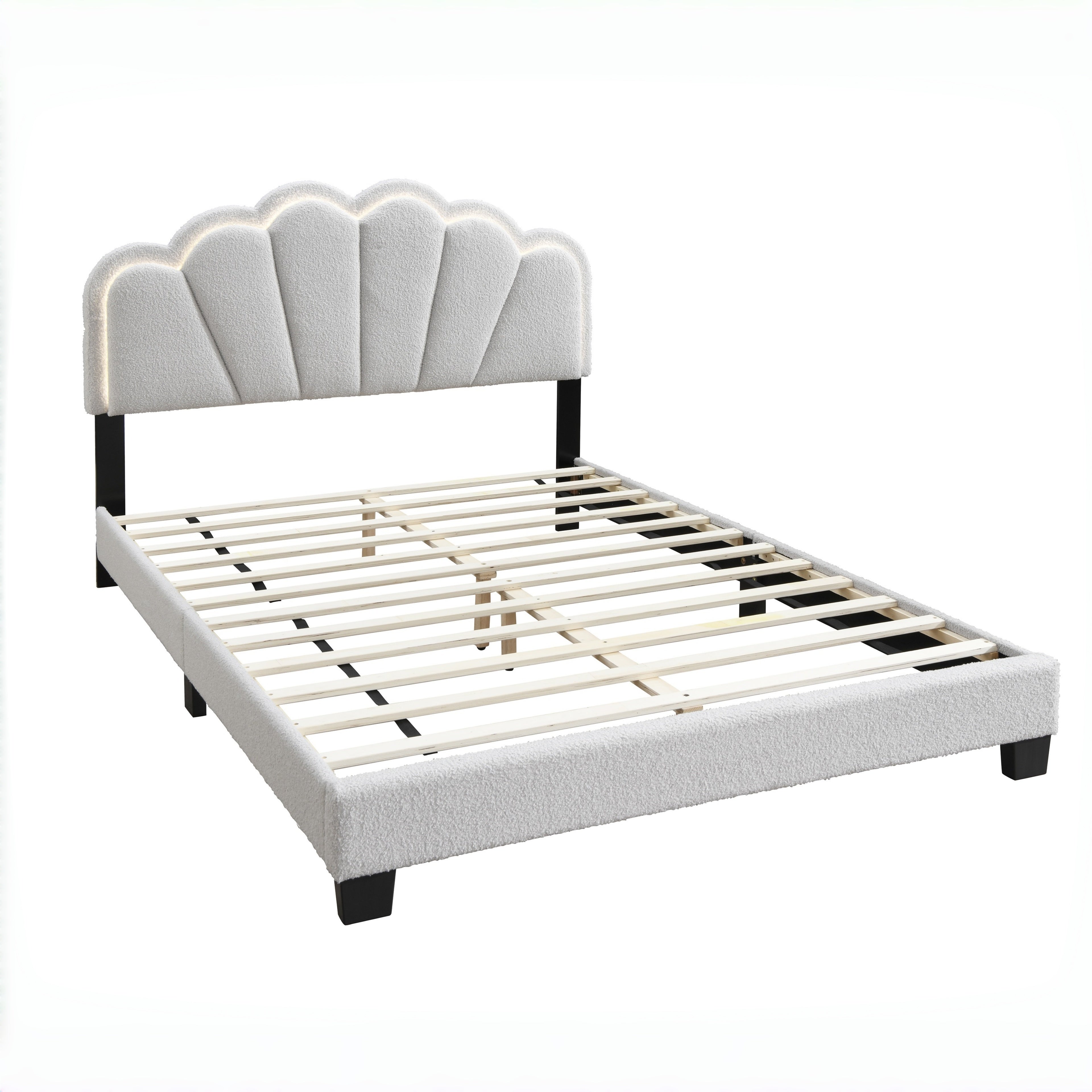 Selma Full Boucle Upholstered Platform Bed with LED Scalloped Headboard