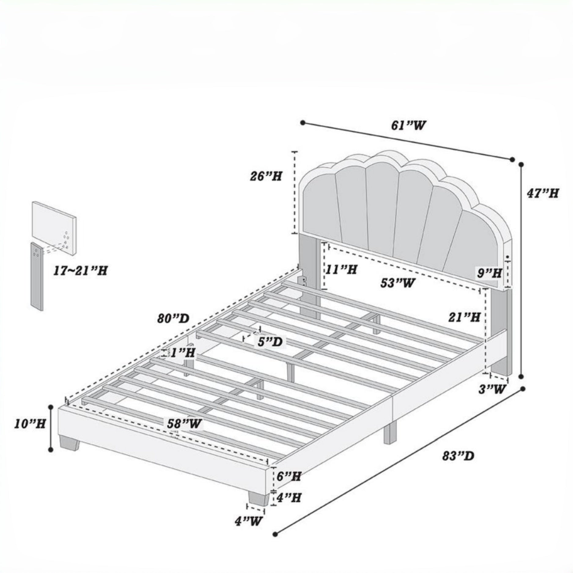 Selma Queen Boucle Upholstered Platform Bed with LED Scalloped Headboard