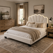 Selma Queen Boucle Upholstered Platform Bed with LED Scalloped Headboard