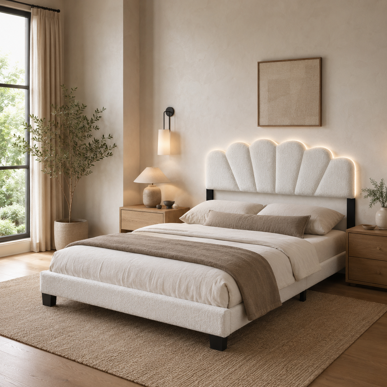 Selma Queen Boucle Upholstered Platform Bed with LED Scalloped Headboard
