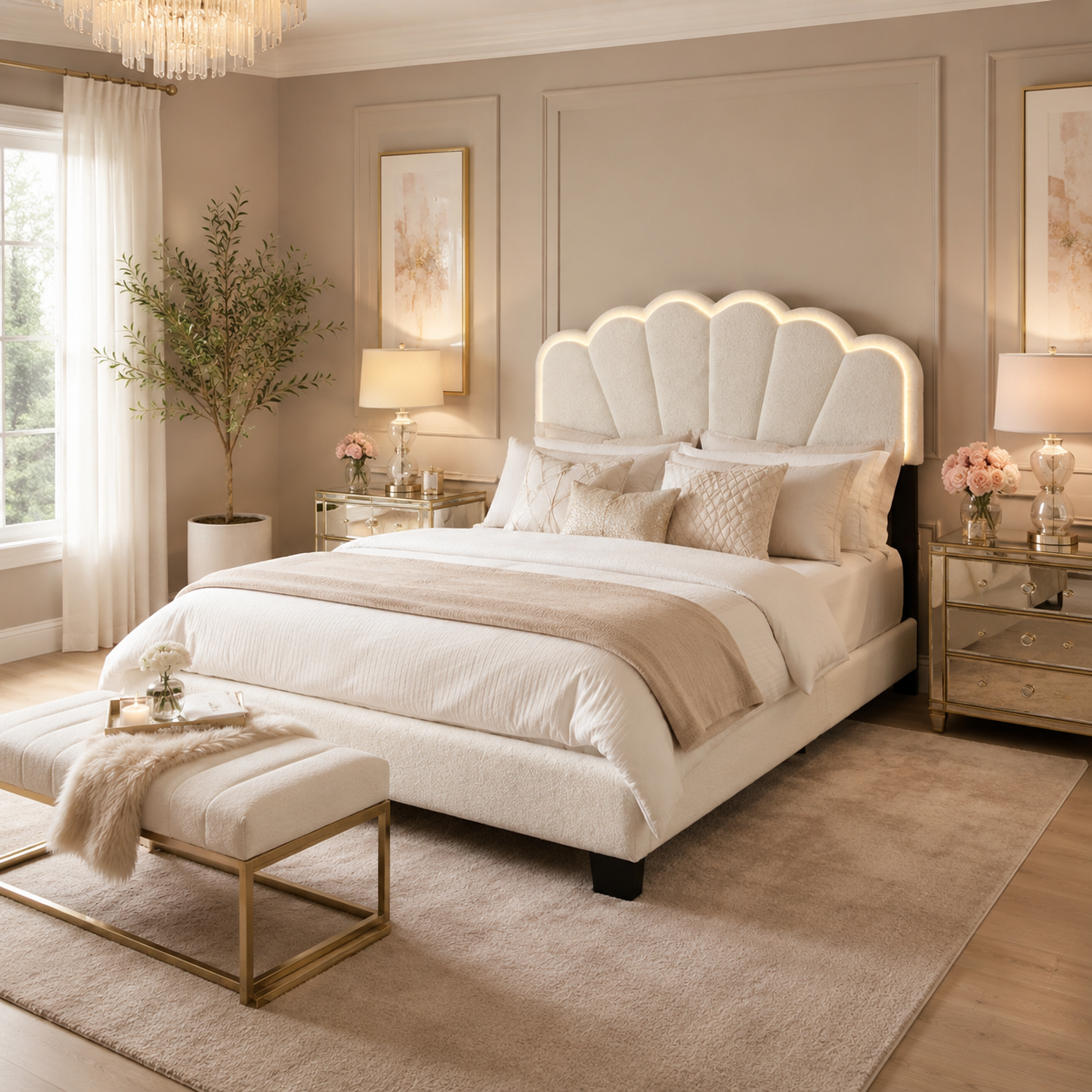 Selma Queen Boucle Upholstered Platform Bed with LED Scalloped Headboard