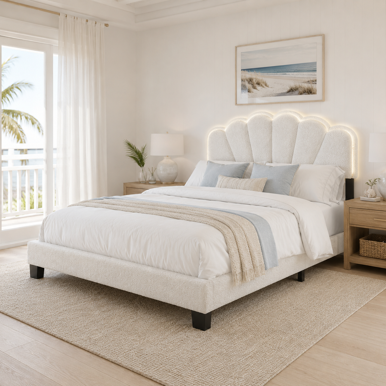 Selma Queen Boucle Upholstered Platform Bed with LED Scalloped Headboard