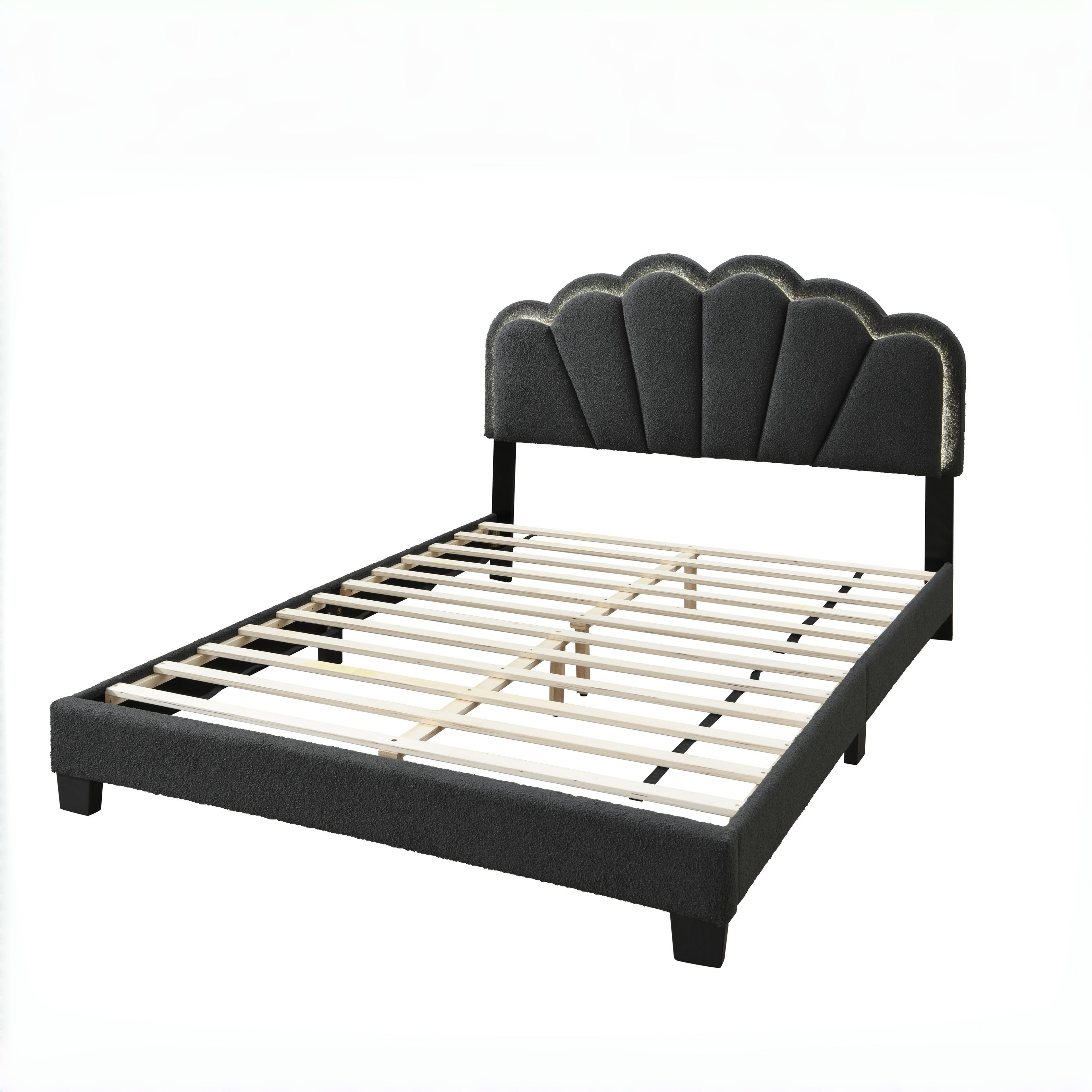Selma Queen Boucle Upholstered Platform Bed with LED Scalloped Headboard