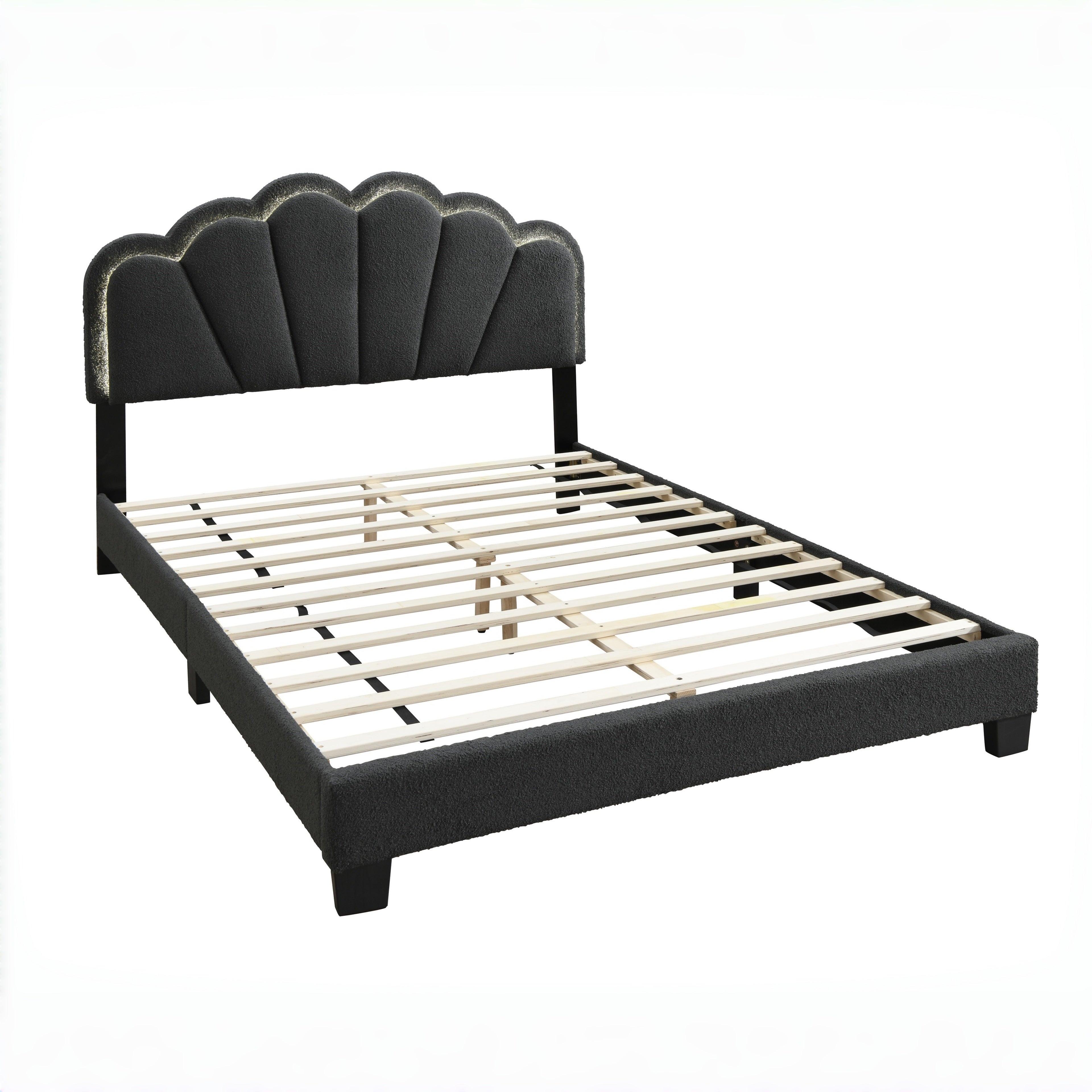 Selma Queen Boucle Upholstered Platform Bed with LED Scalloped Headboard