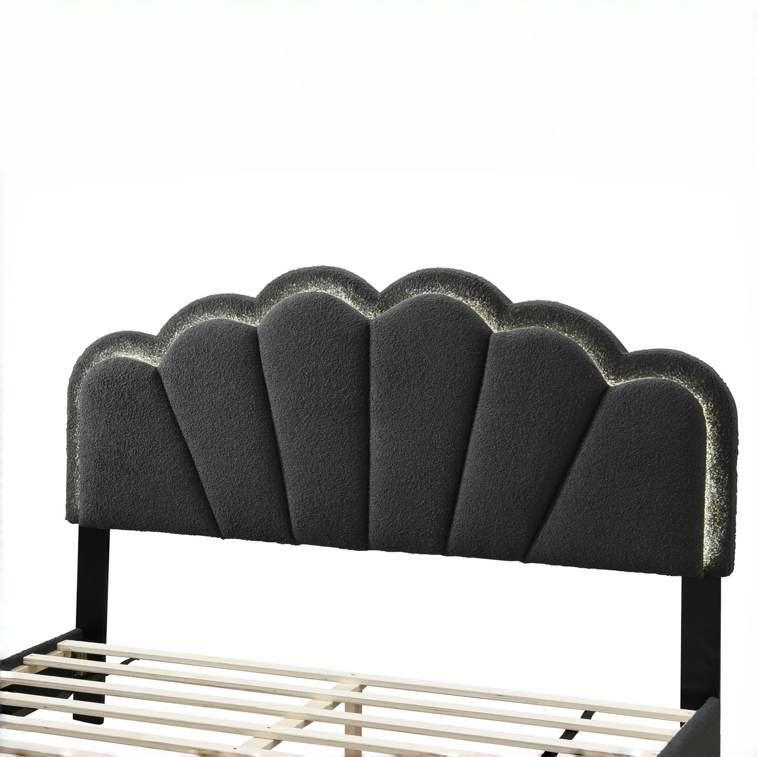 Selma Queen Boucle Upholstered Platform Bed with LED Scalloped Headboard