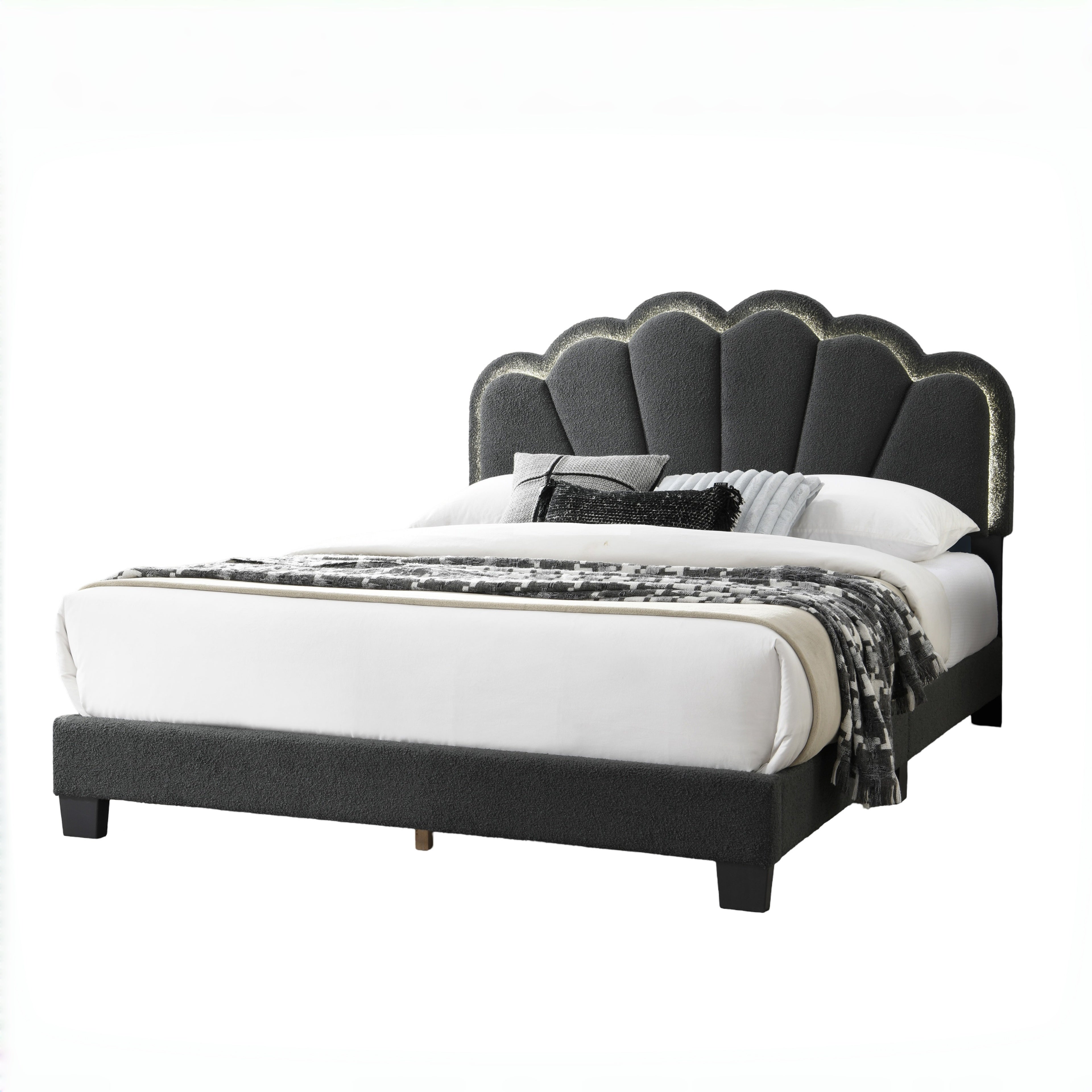 Selma Queen Boucle Upholstered Platform Bed with LED Scalloped Headboard