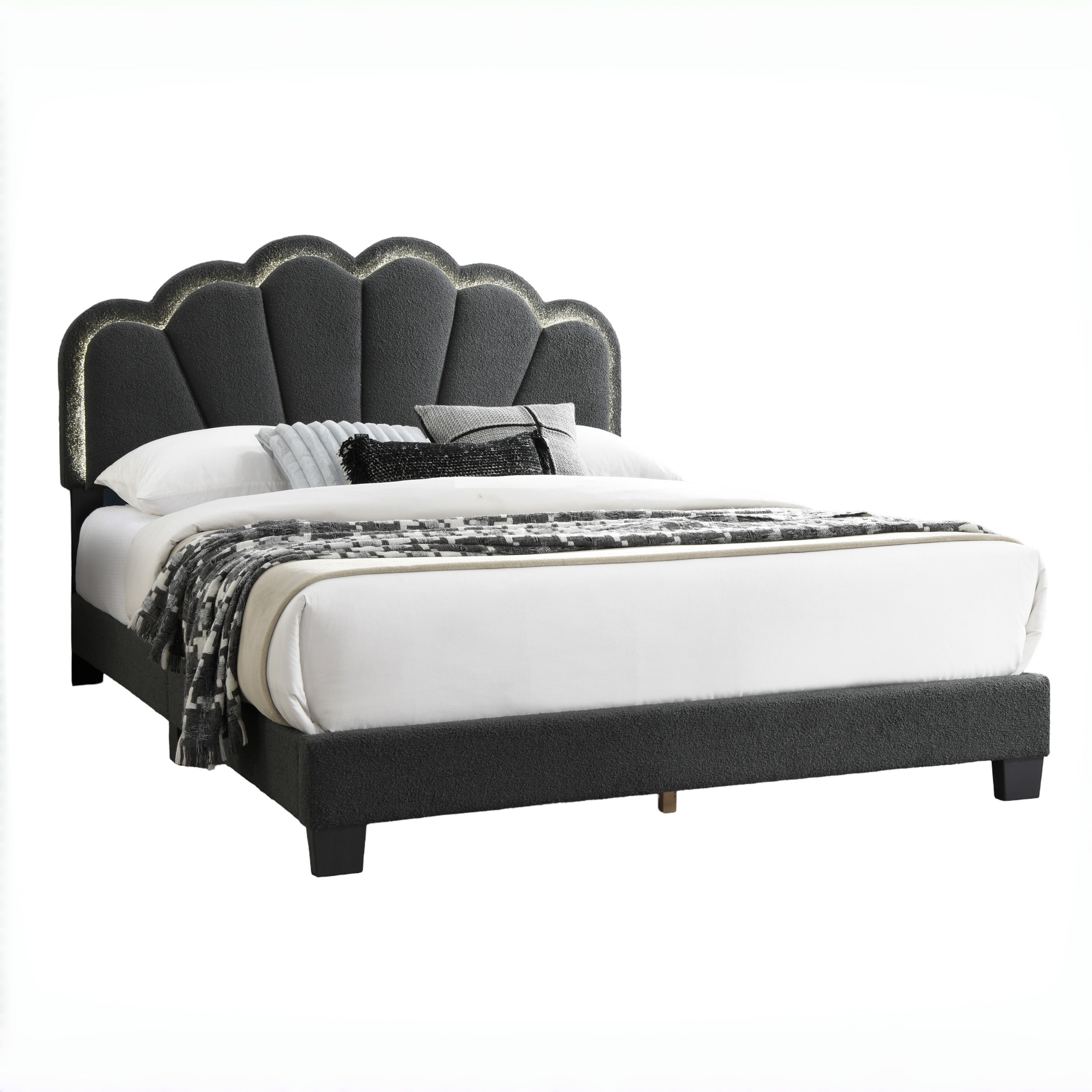 Selma Queen Boucle Upholstered Platform Bed with LED Scalloped Headboard