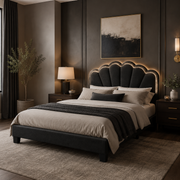 Selma Queen Boucle Upholstered Platform Bed with LED Scalloped Headboard