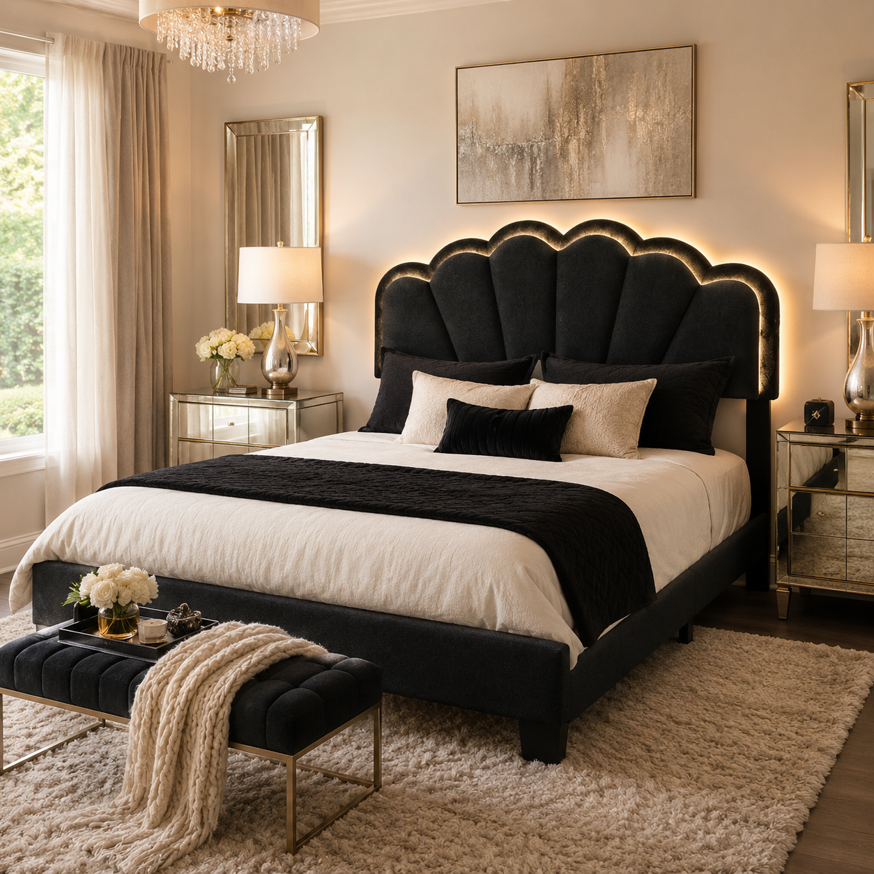 Selma Queen Boucle Upholstered Platform Bed with LED Scalloped Headboard