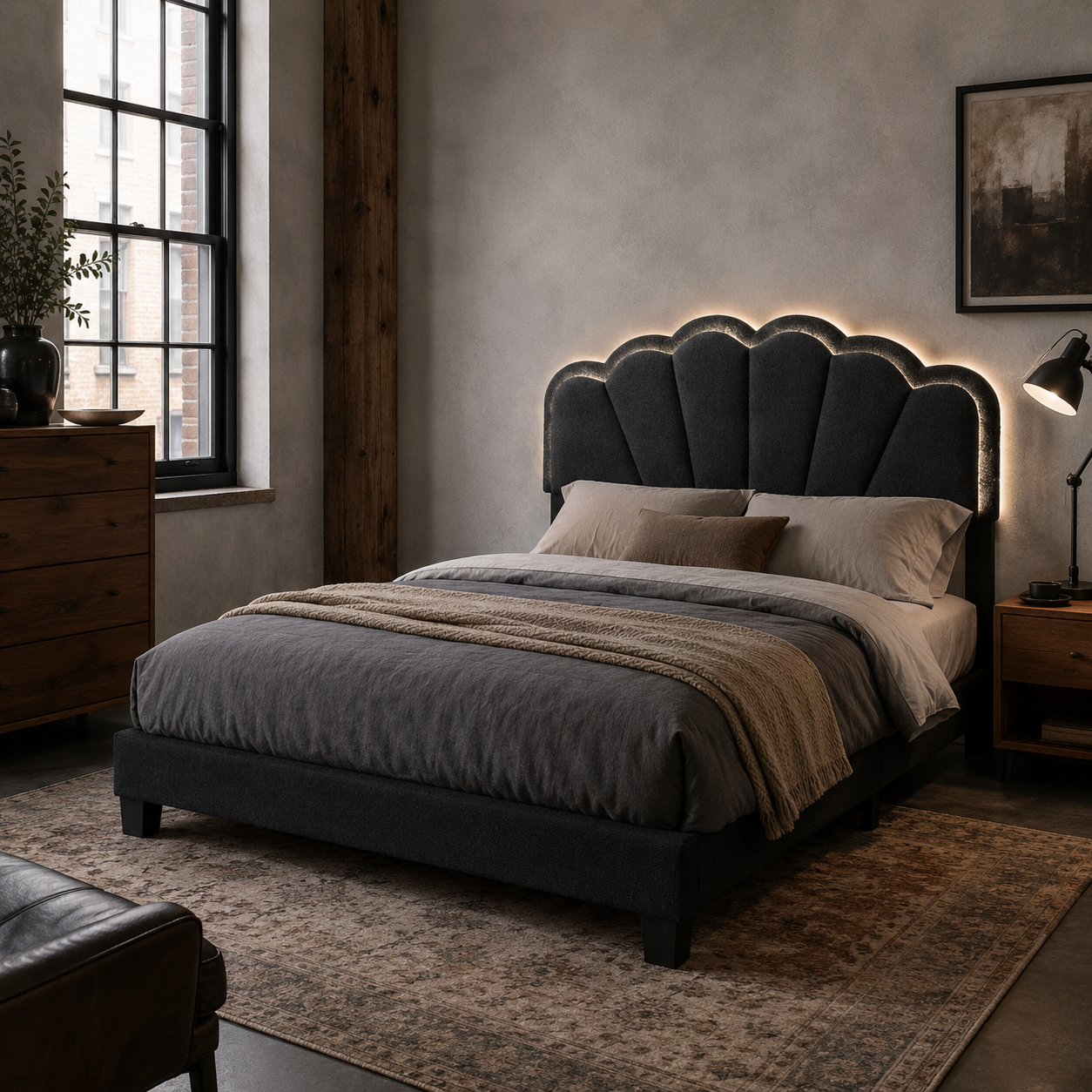 Selma Queen Boucle Upholstered Platform Bed with LED Scalloped Headboard