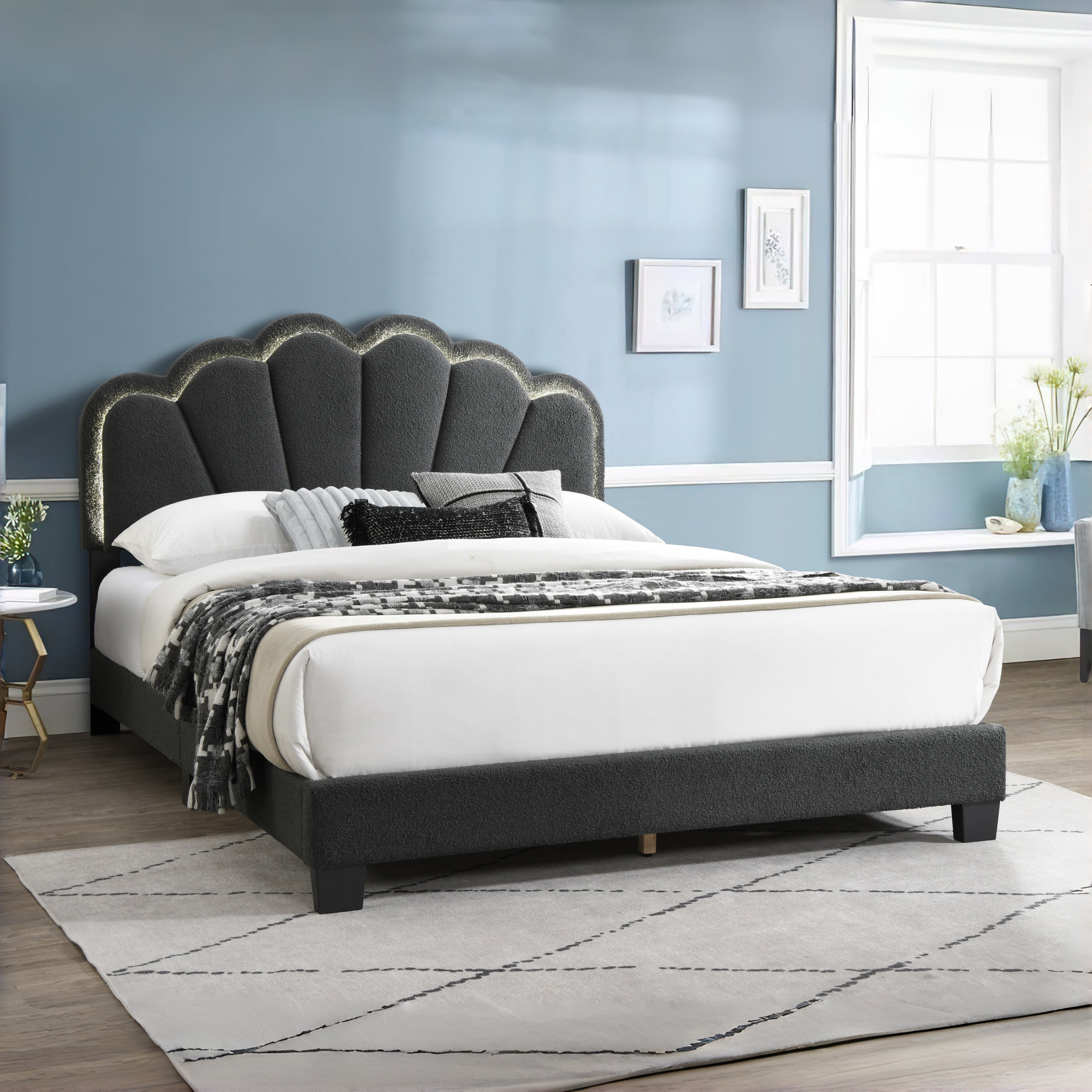 Selma Queen Boucle Upholstered Platform Bed with LED Scalloped Headboard