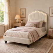 Selma Twin Boucle Upholstered Platform Bed with LED Scalloped Headboard