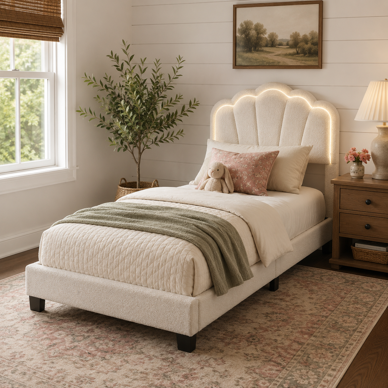 Selma Twin Boucle Upholstered Platform Bed with LED Scalloped Headboard