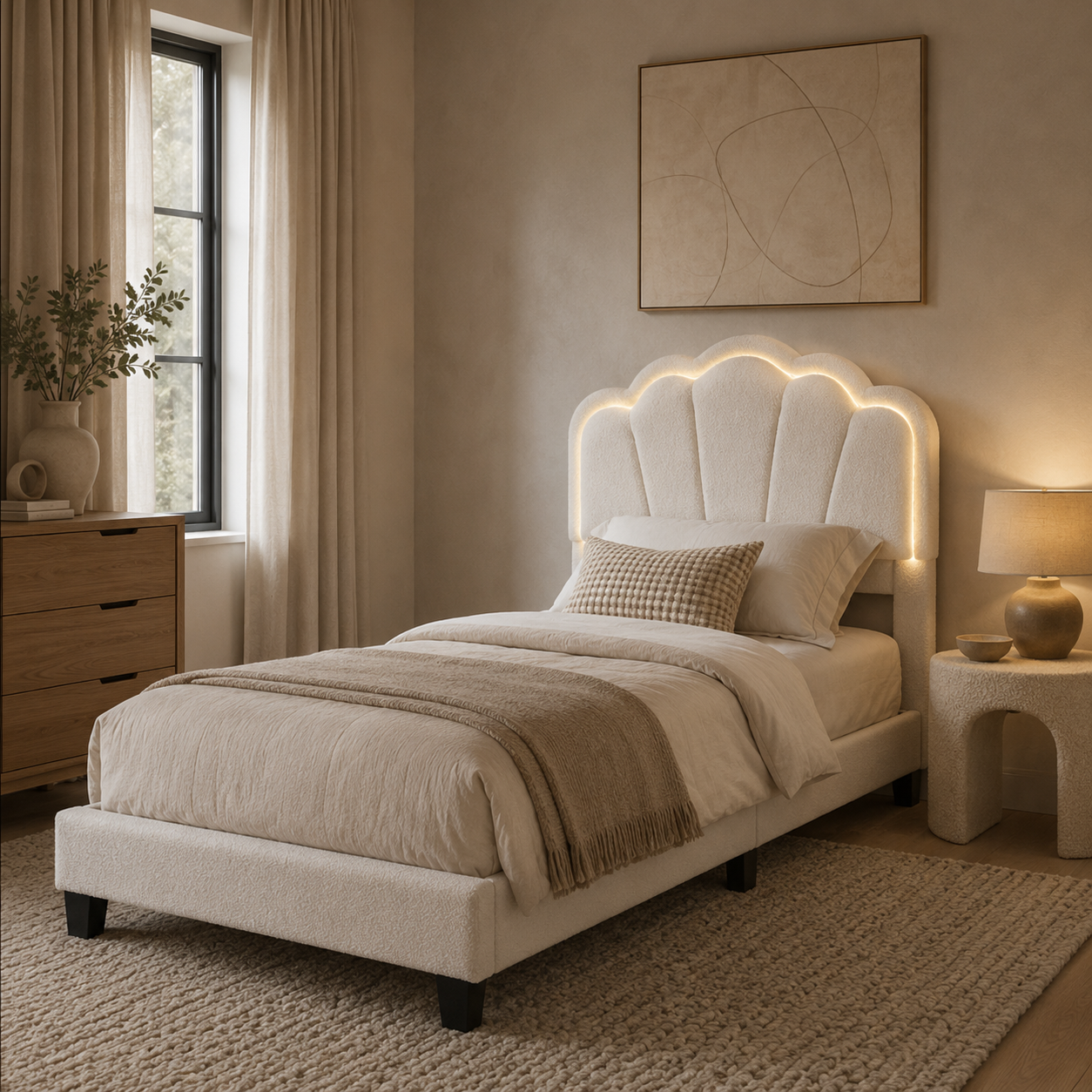 Selma Twin Boucle Upholstered Platform Bed with LED Scalloped Headboard
