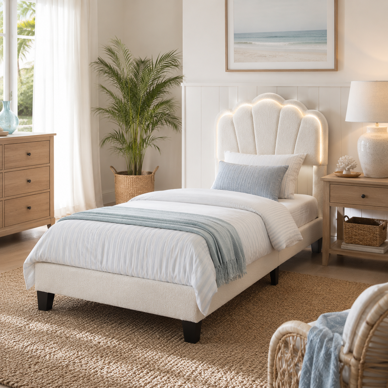 Selma Twin Boucle Upholstered Platform Bed with LED Scalloped Headboard