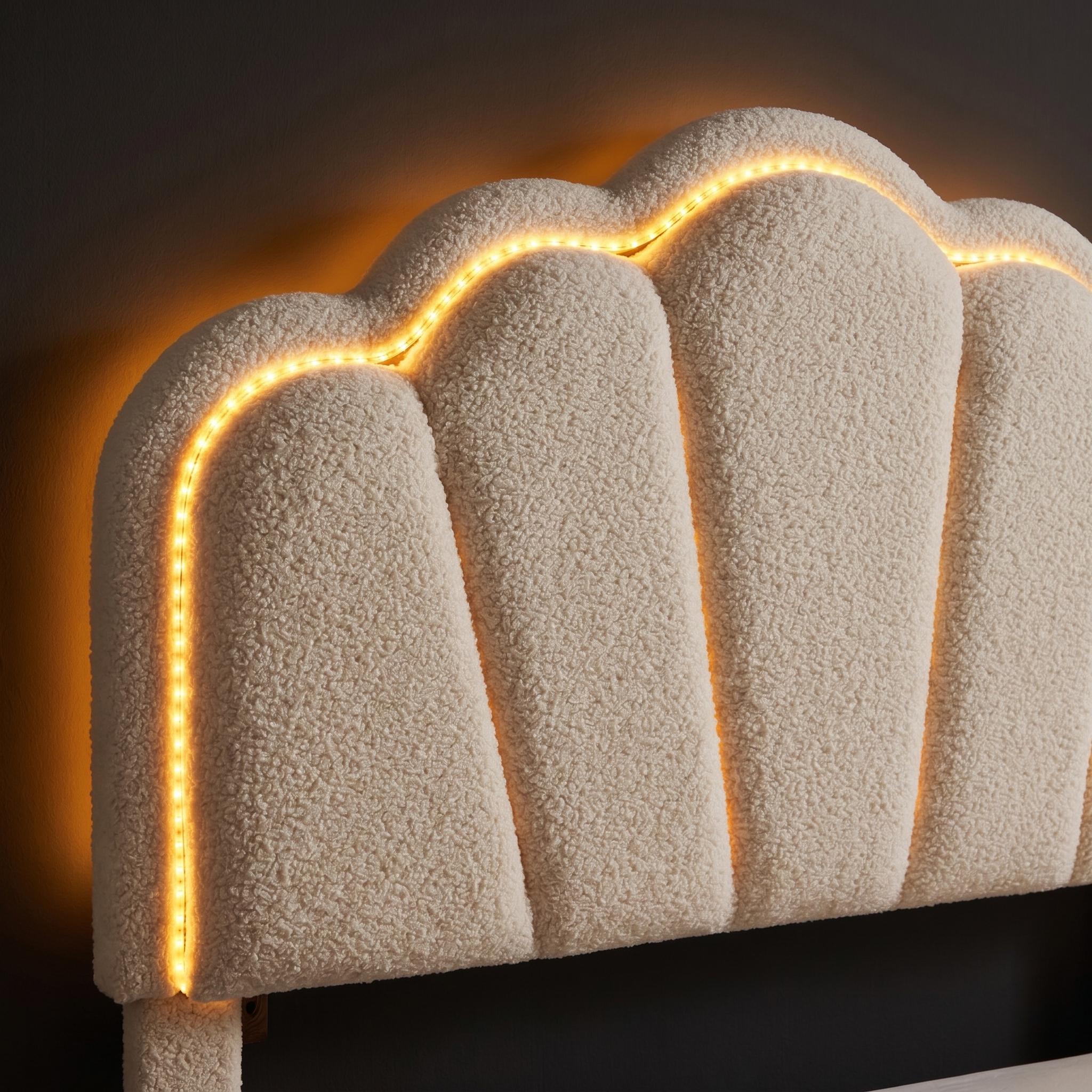 Selma Twin Boucle Upholstered Platform Bed with LED Scalloped Headboard