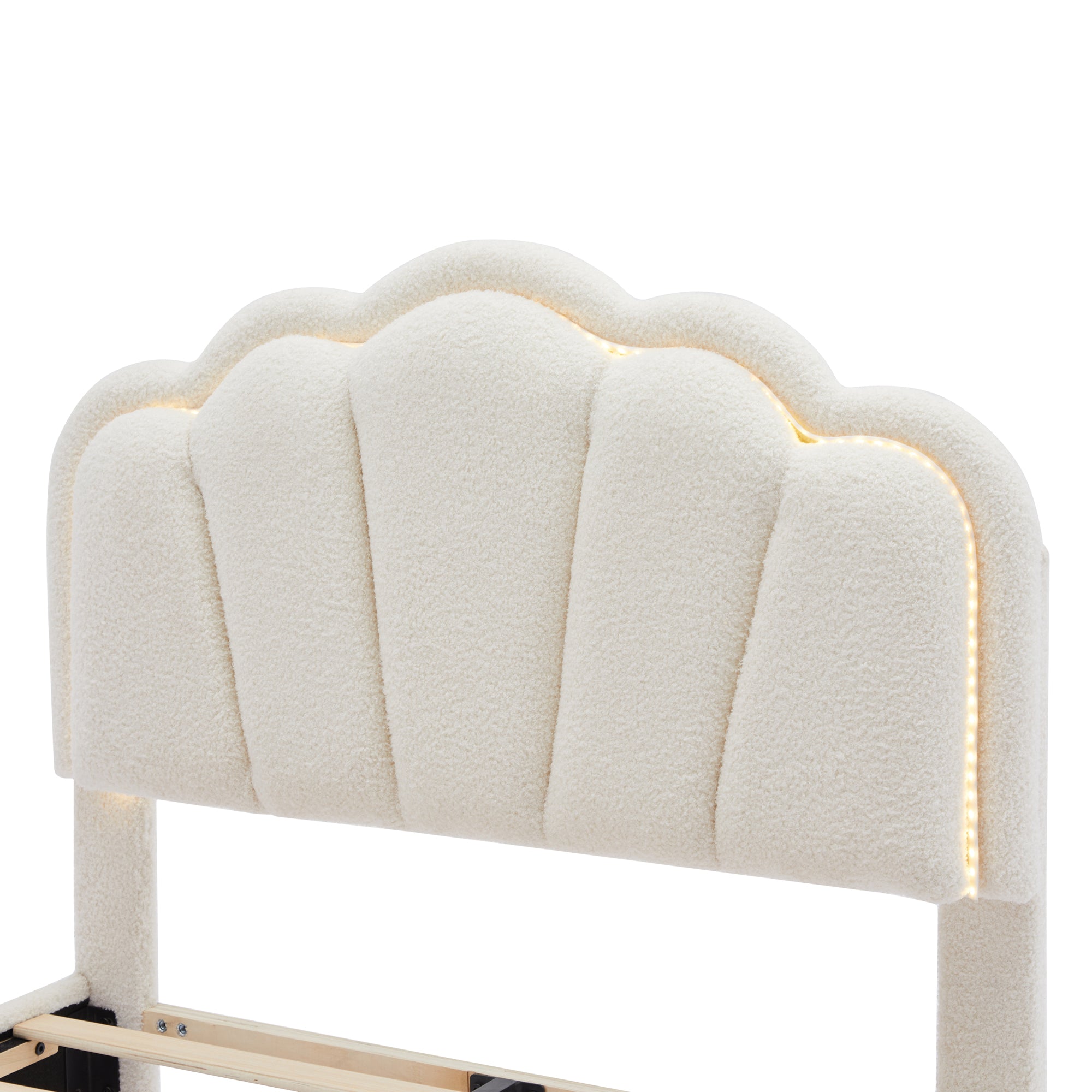 Selma Twin Boucle Upholstered Platform Bed with LED Scalloped Headboard