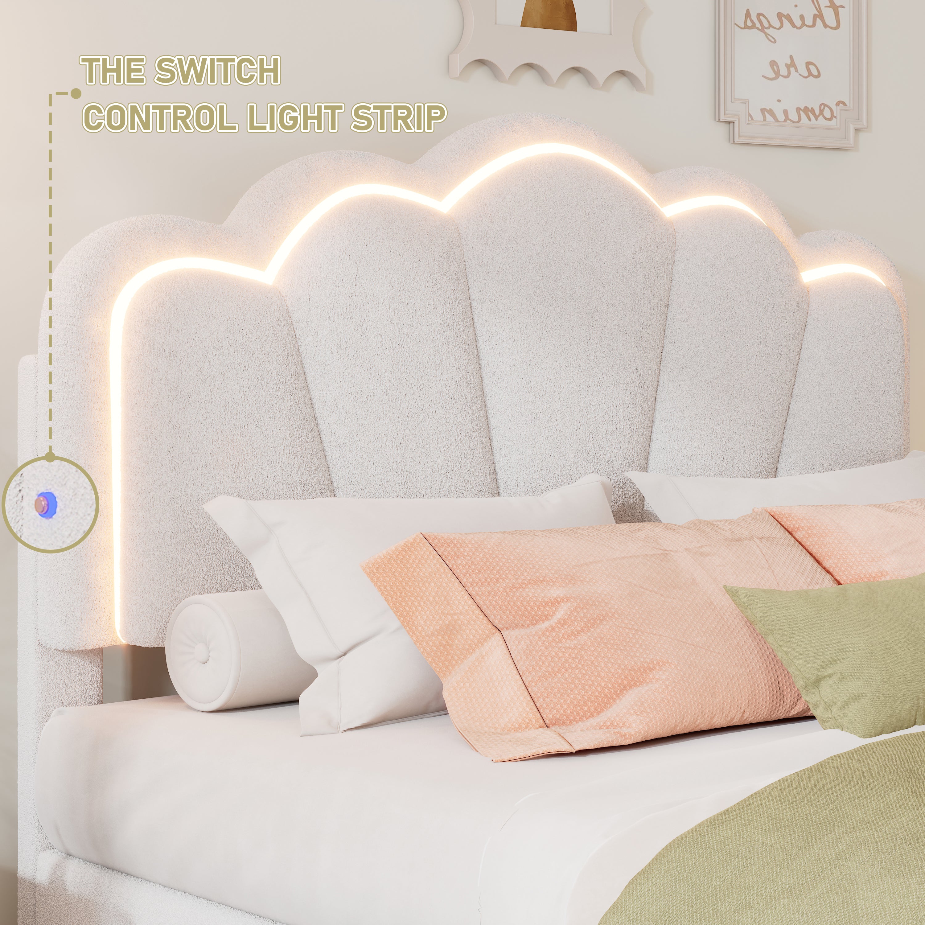 Selma Twin Boucle Upholstered Platform Bed with LED Scalloped Headboard