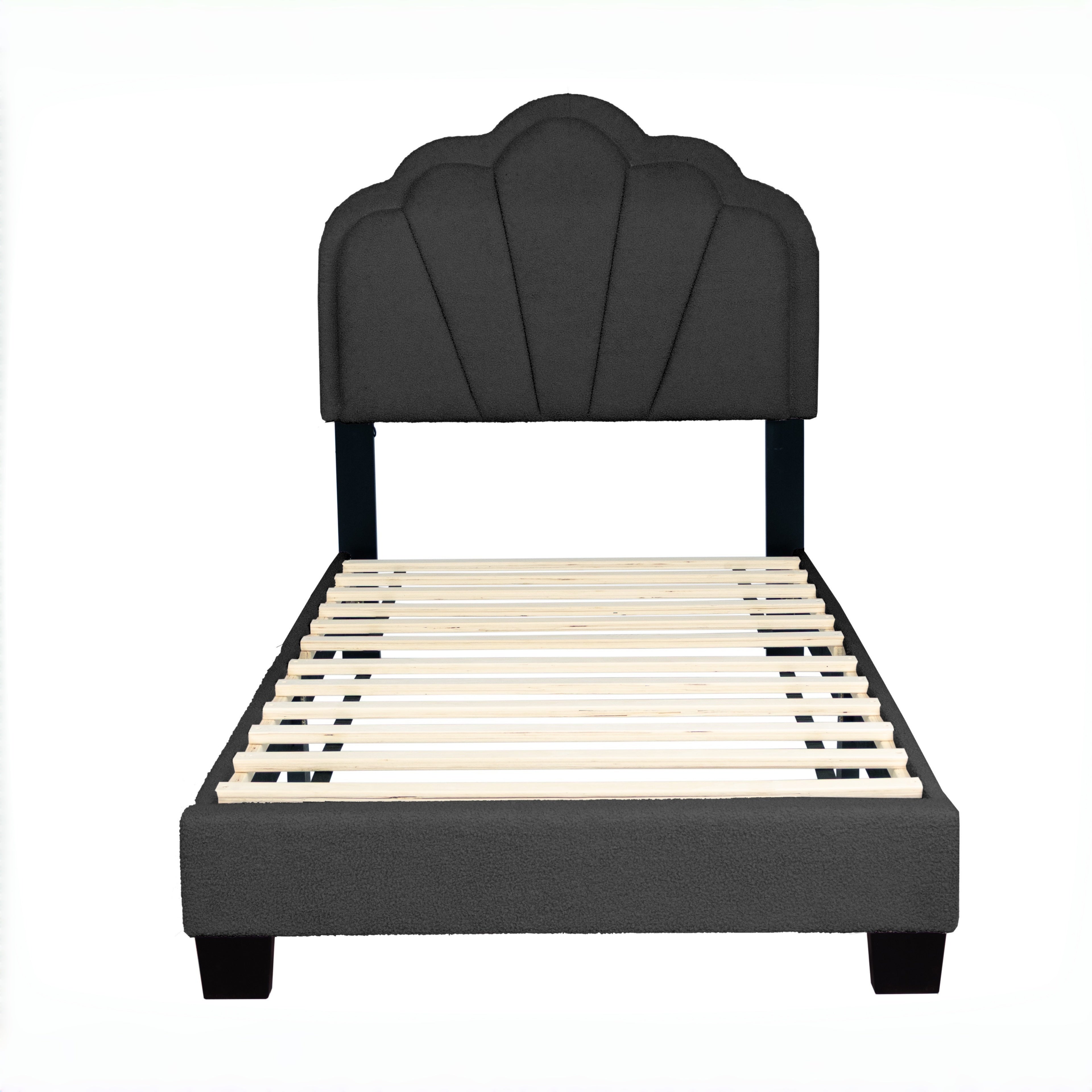 Selma Twin Boucle Upholstered Platform Bed with LED Scalloped Headboard