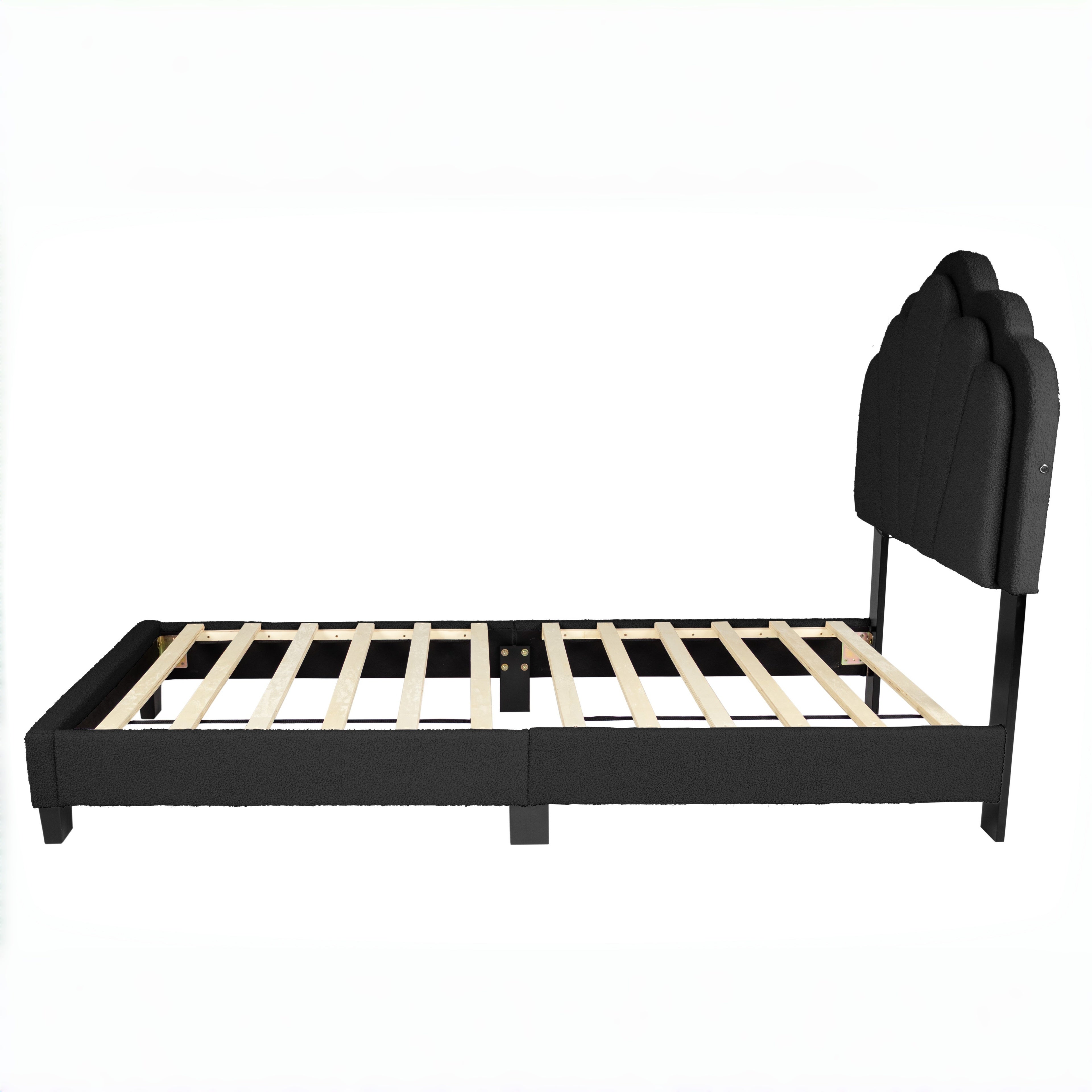 Selma Twin Boucle Upholstered Platform Bed with LED Scalloped Headboard