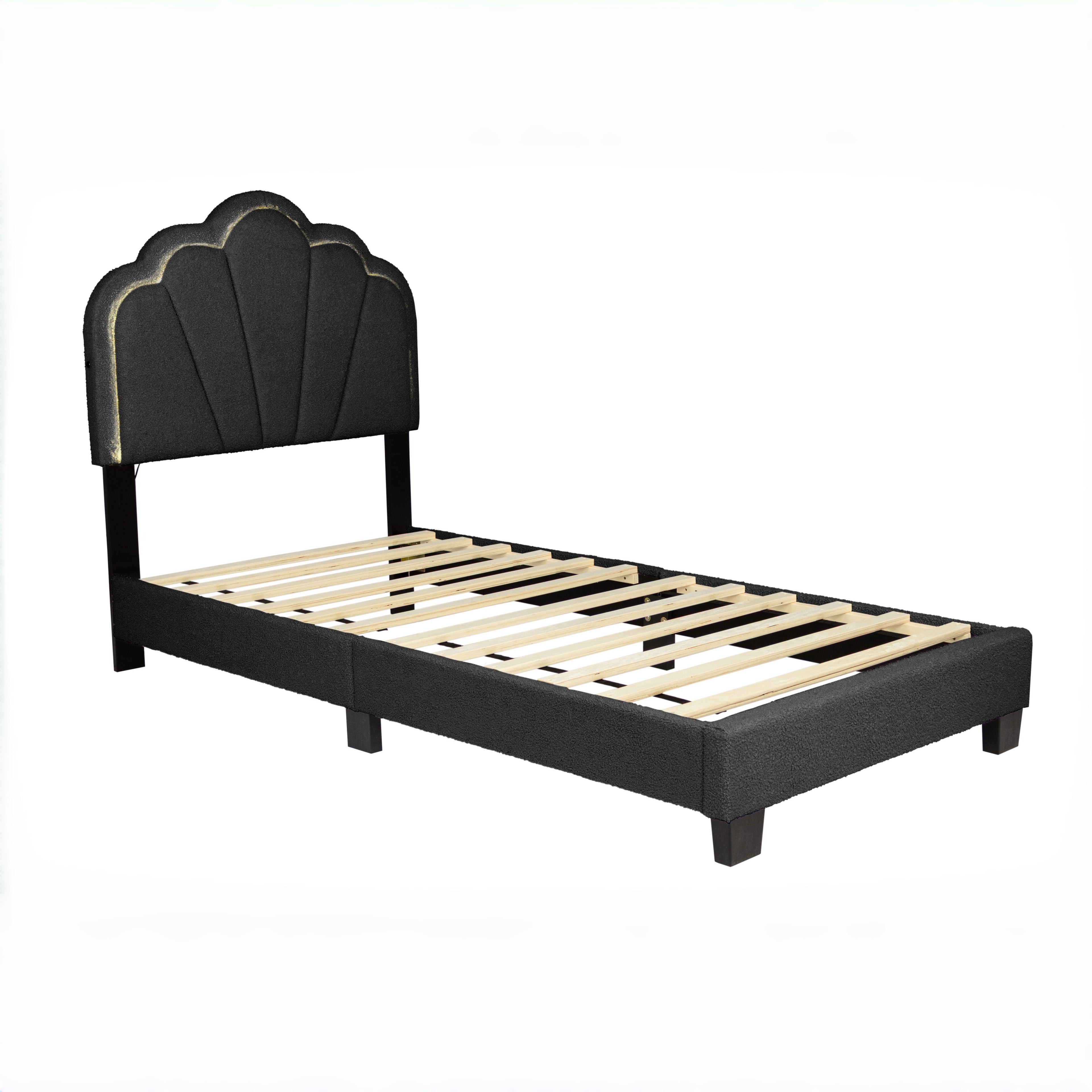 Selma Twin Boucle Upholstered Platform Bed with LED Scalloped Headboard