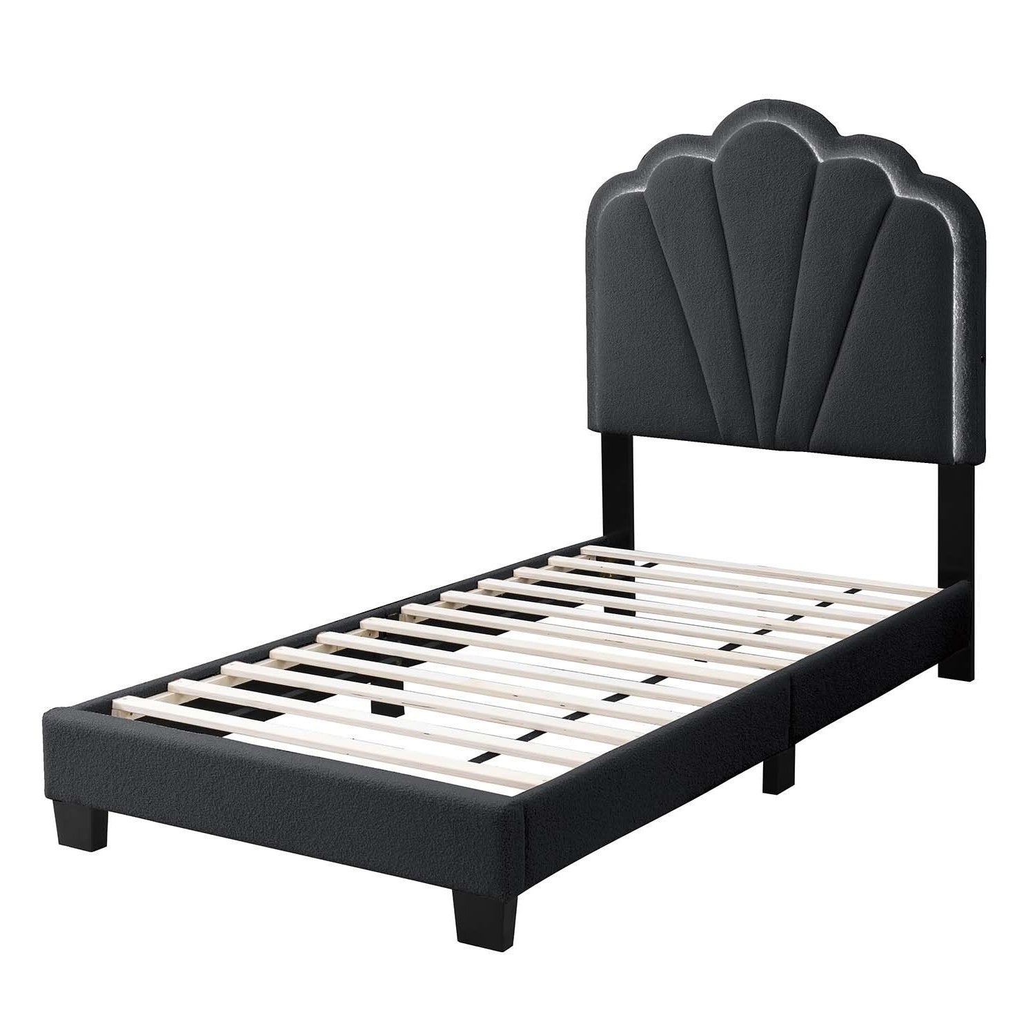 Selma Twin Boucle Upholstered Platform Bed with LED Scalloped Headboard