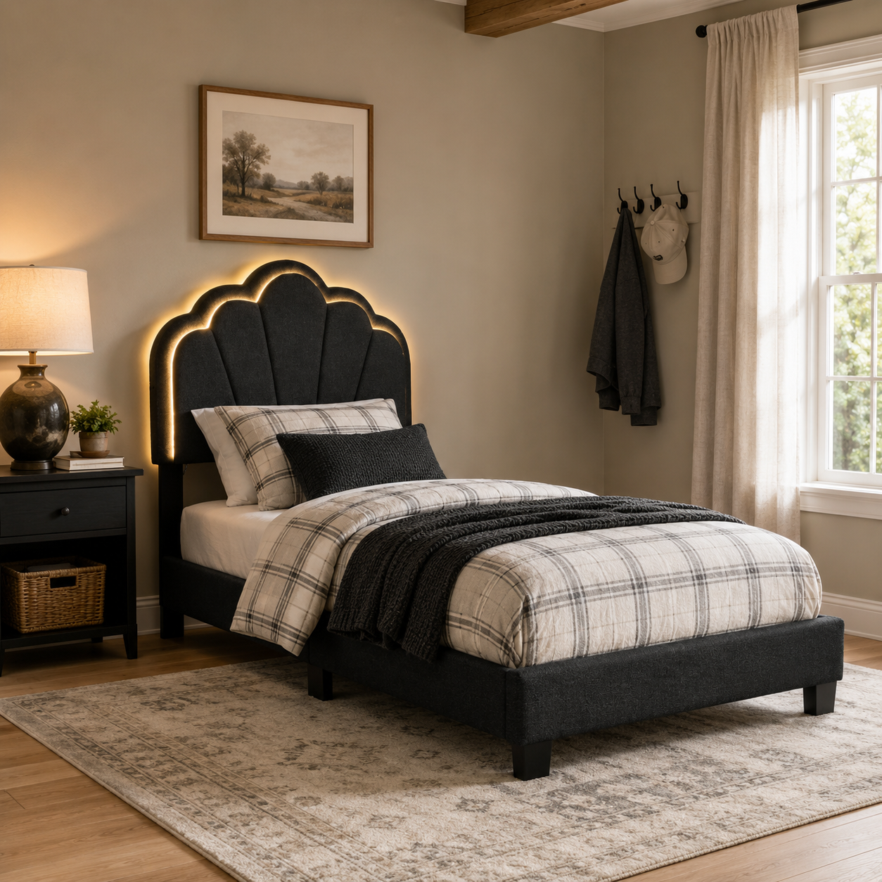 Selma Twin Boucle Upholstered Platform Bed with LED Scalloped Headboard