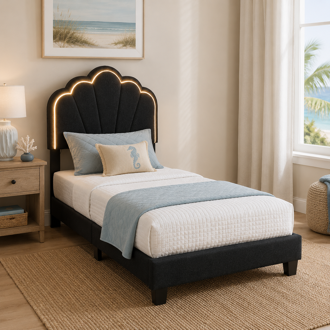 Selma Twin Boucle Upholstered Platform Bed with LED Scalloped Headboard