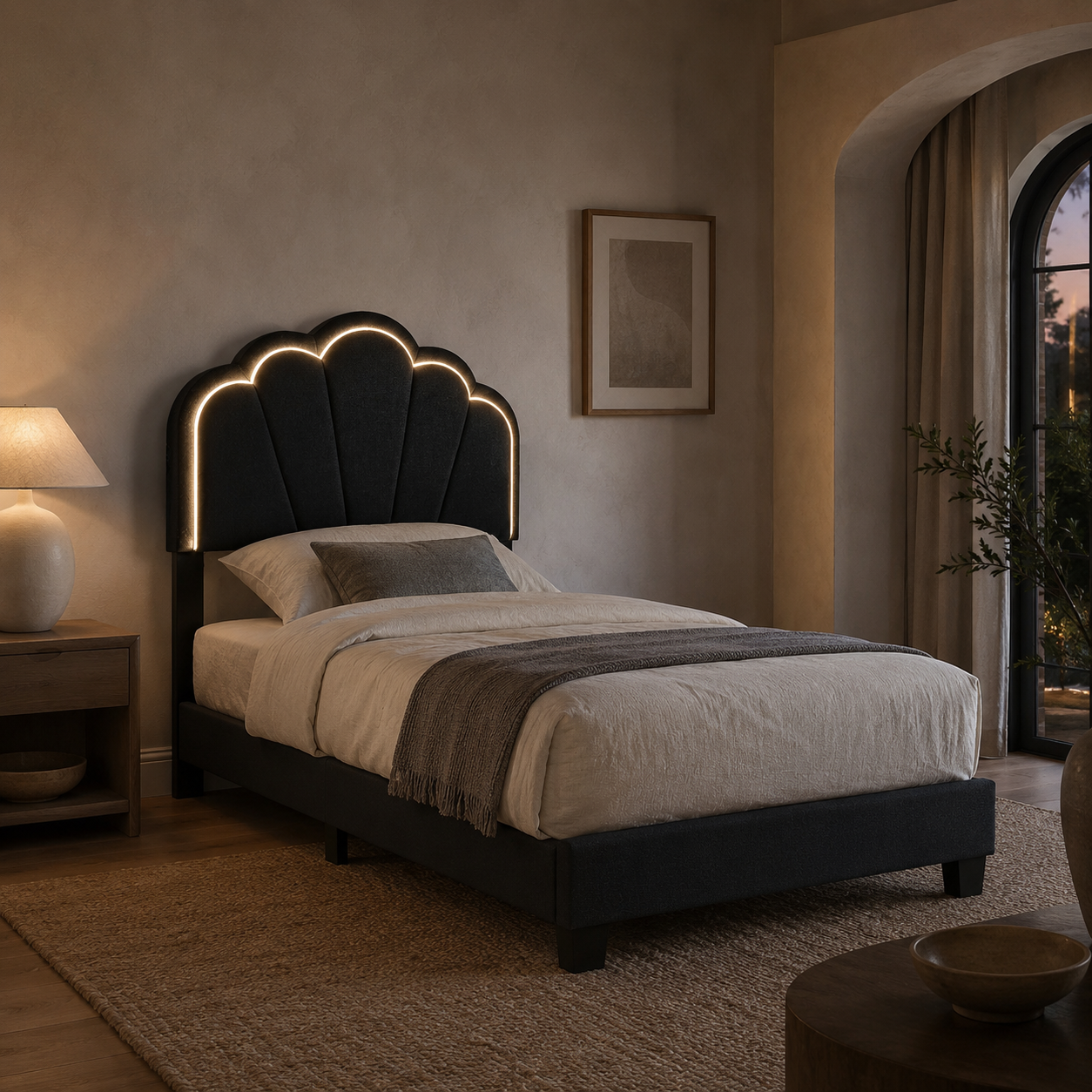 Selma Twin Boucle Upholstered Platform Bed with LED Scalloped Headboard