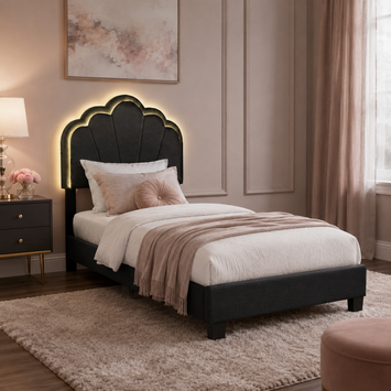 Selma Twin Boucle Upholstered Platform Bed with LED Scalloped Headboard