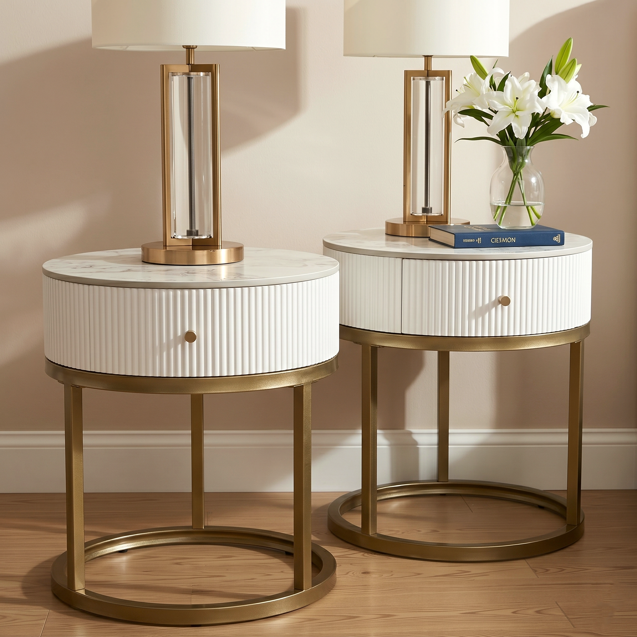 Homy Casa Serene 2PC Modern Marble Round End Table Set White Gloss Nightstand Accent Side Tables with Storage