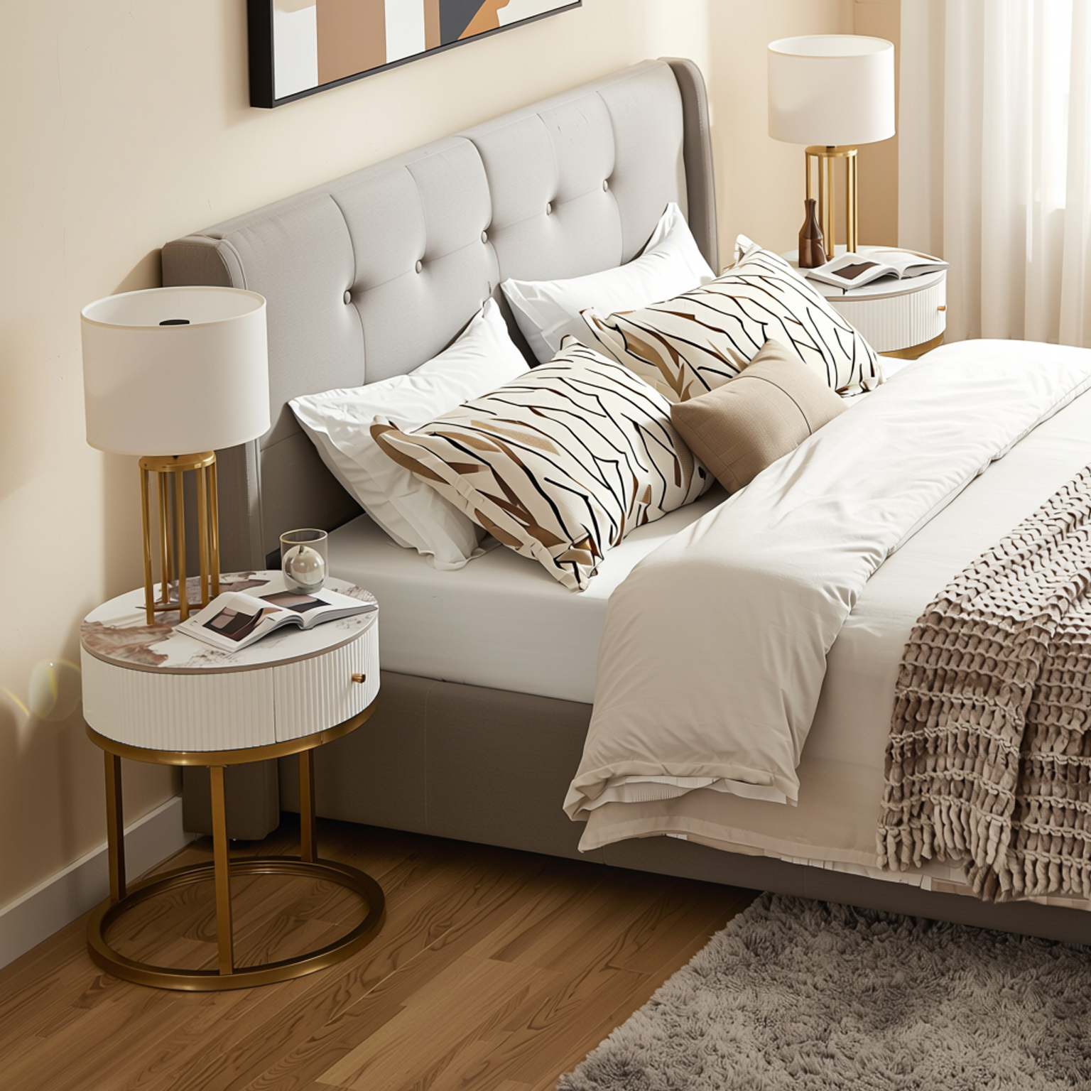Homy Casa Serene 2PC Modern Marble Round End Table Set White Gloss Nightstand Accent Side Tables with Storage