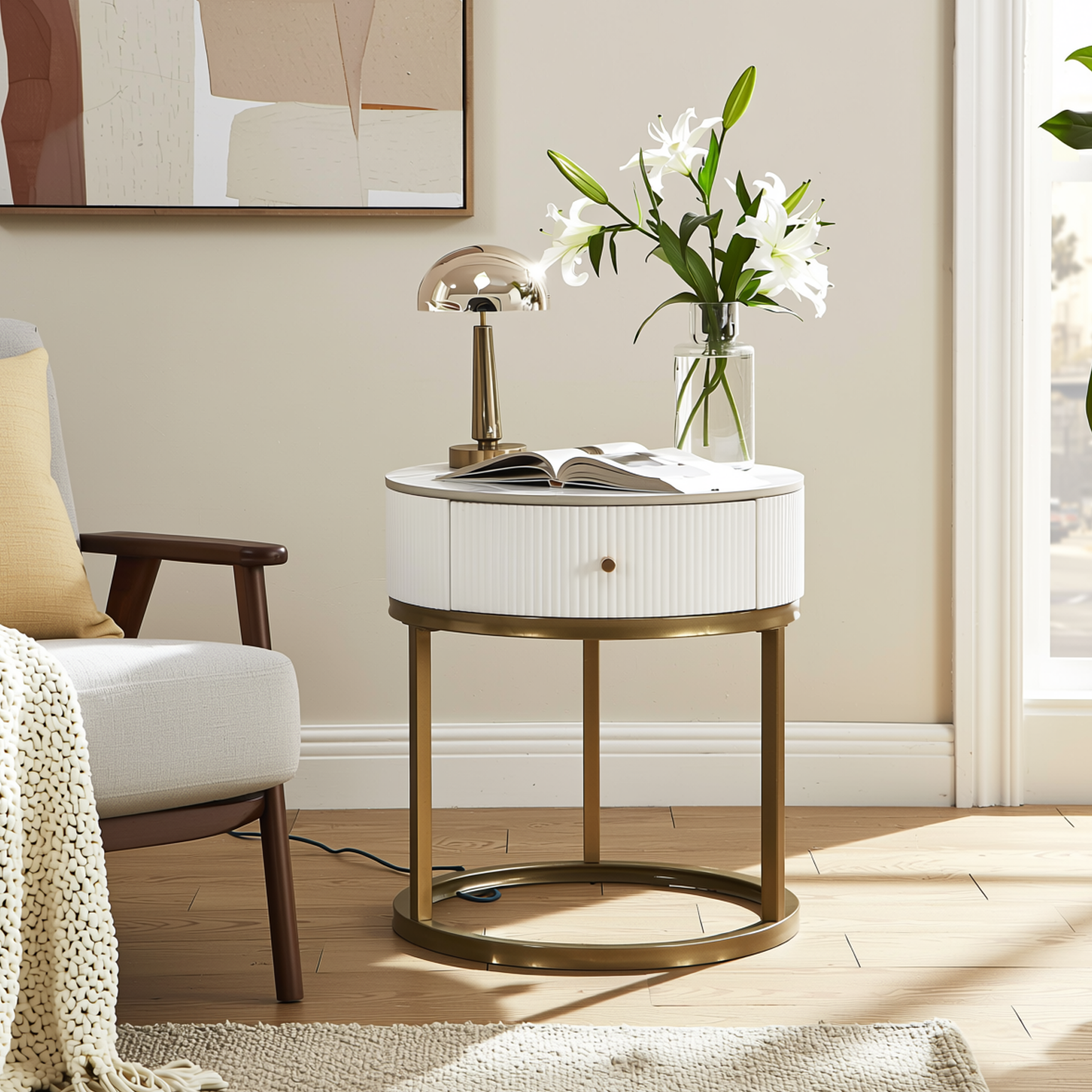 Homy Casa Serene 2PC Modern Marble Round End Table Set White Gloss Nightstand Accent Side Tables with Storage