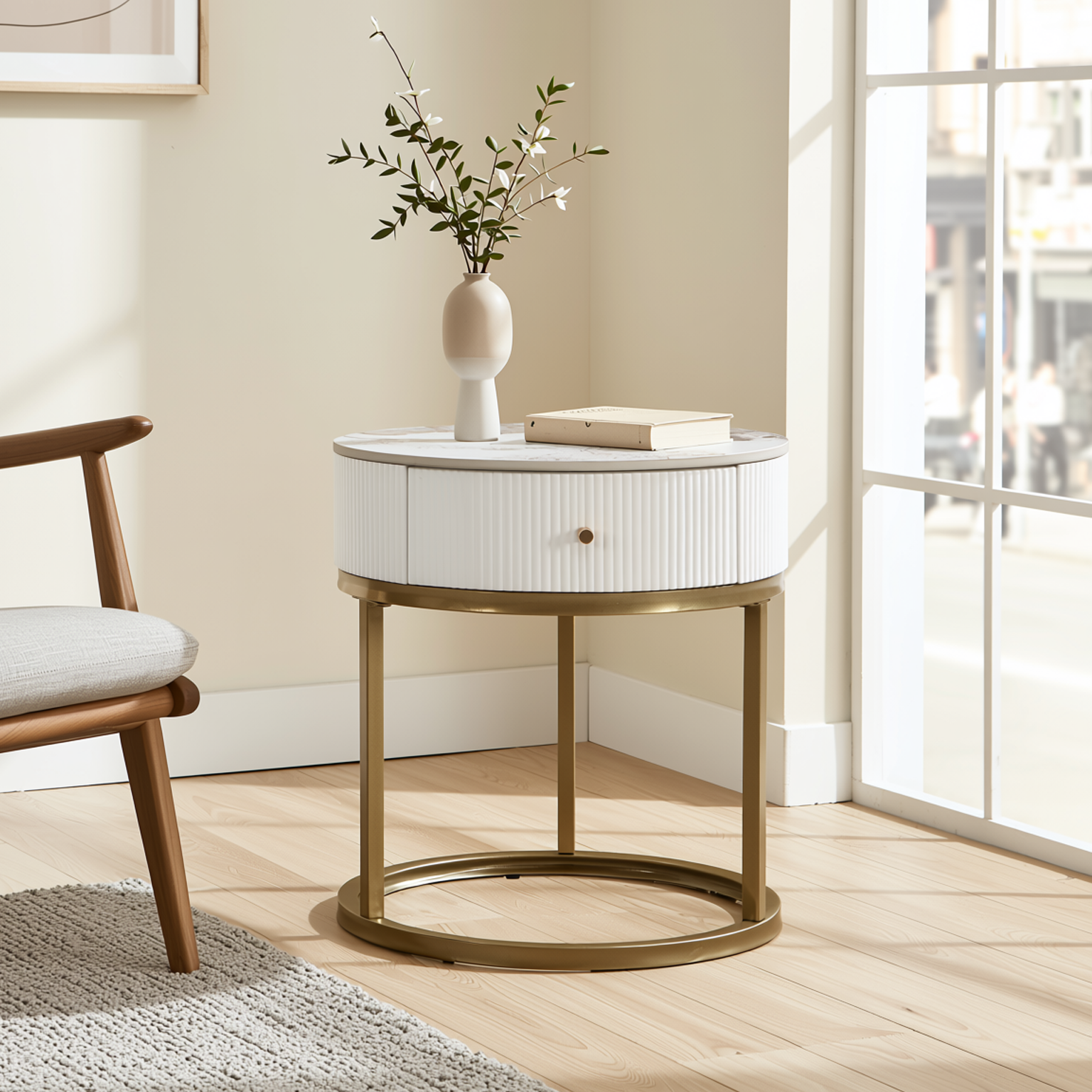 Homy Casa Serene 2PC Modern Marble Round End Table Set White Gloss Nightstand Accent Side Tables with Storage