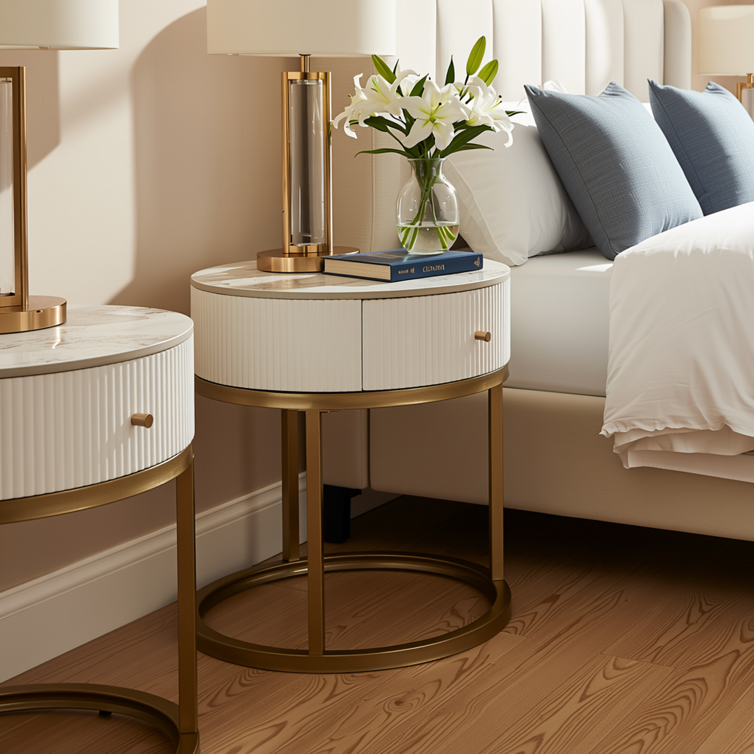 Homy Casa Serene 2PC Modern Marble Round End Table Set White Gloss Nightstand Accent Side Tables with Storage