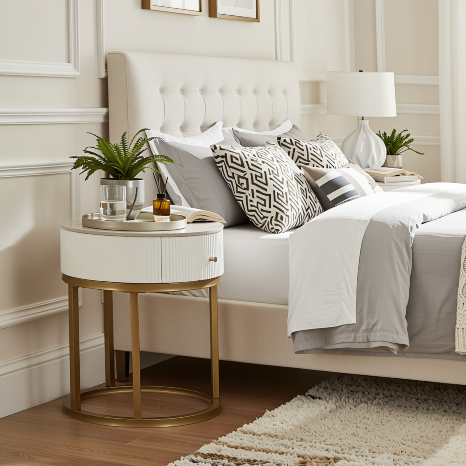 Homy Casa Serene 2PC Modern Marble Round End Table Set White Gloss Nightstand Accent Side Tables with Storage