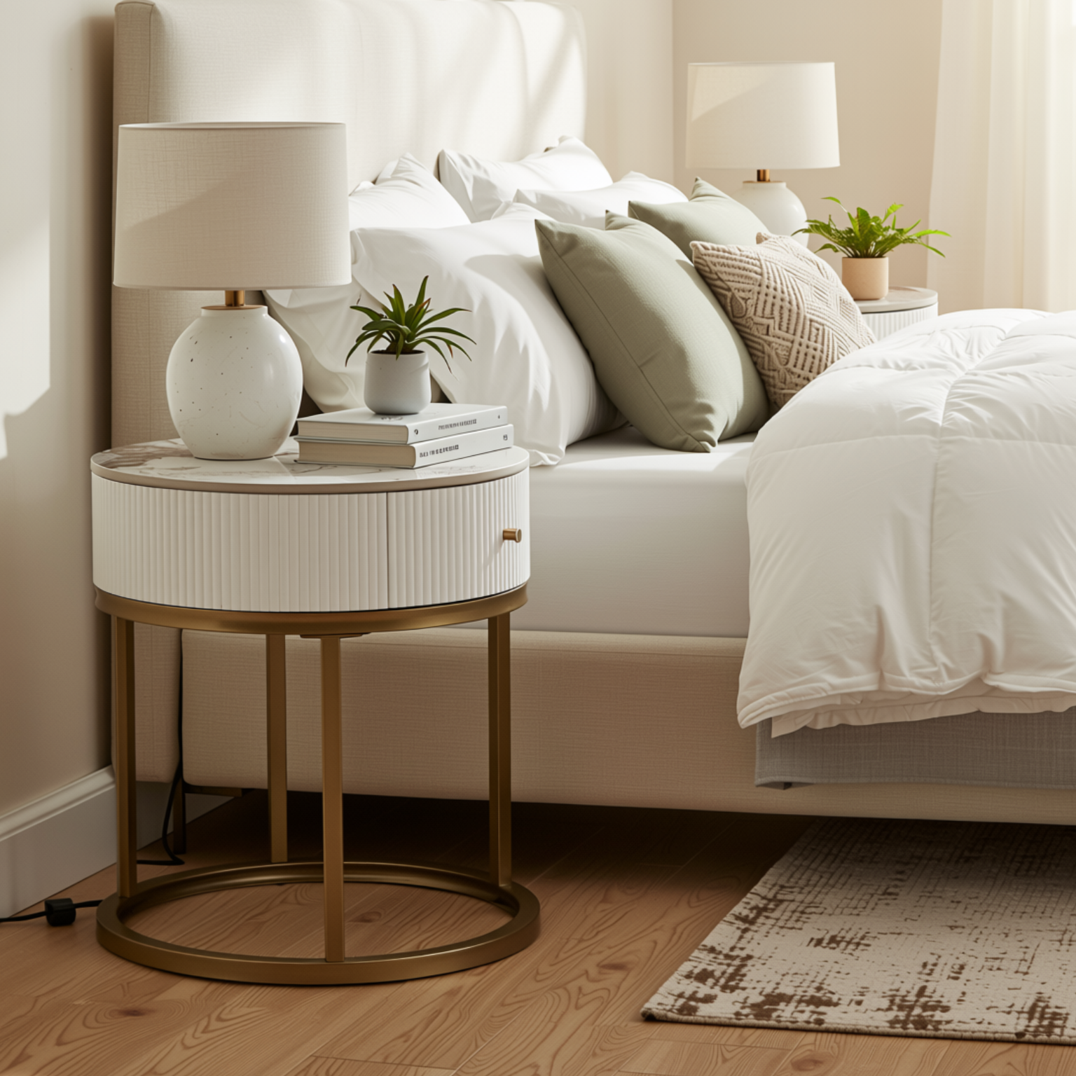 Homy Casa Serene 2PC Modern Marble Round End Table Set White Gloss Nightstand Accent Side Tables with Storage